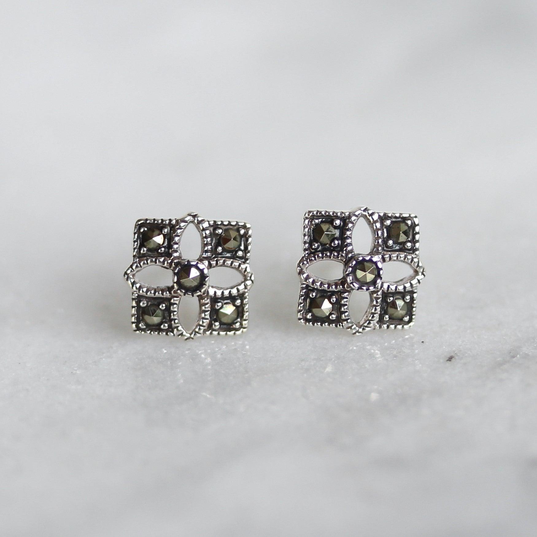 Sterling Silver Art Deco Style Marcasite 8mm Square Stud Earrings - STERLING SILVER DESIGNS