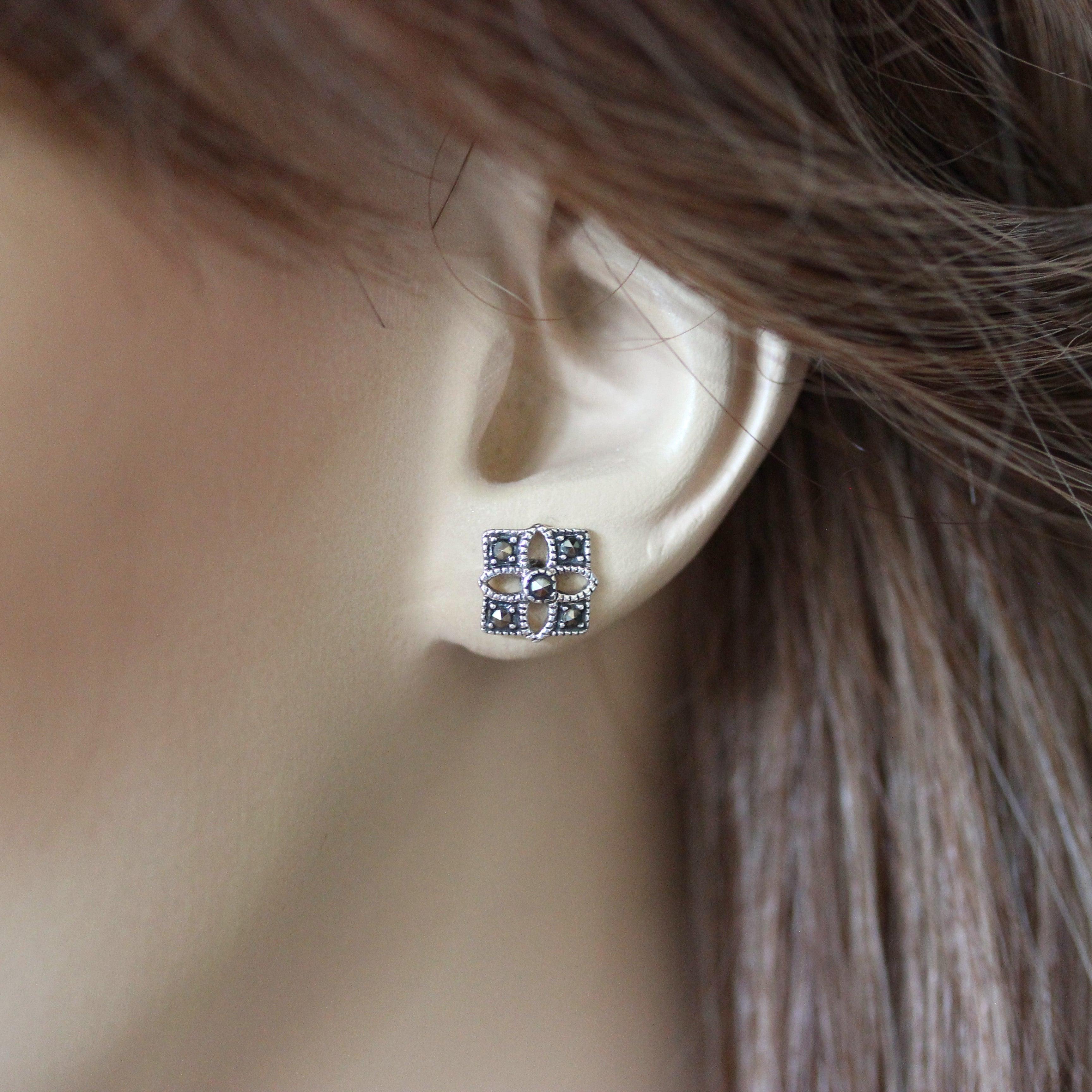 Sterling Silver Art Deco Style Marcasite 8mm Square Stud Earrings - STERLING SILVER DESIGNS