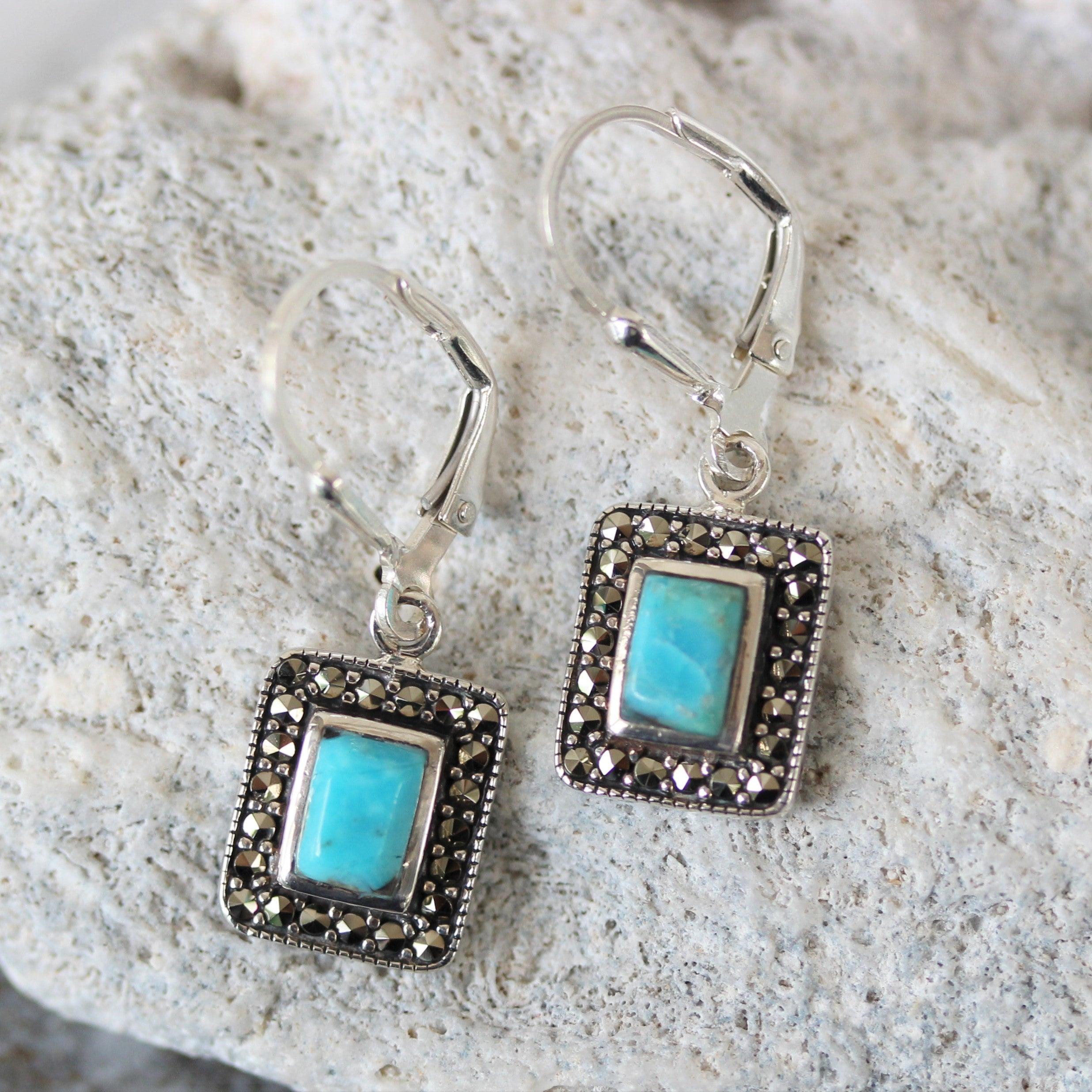 Sterling Silver Marcasite & Turquoise Halo Rectangle Leverback Drop Earrings - STERLING SILVER DESIGNS