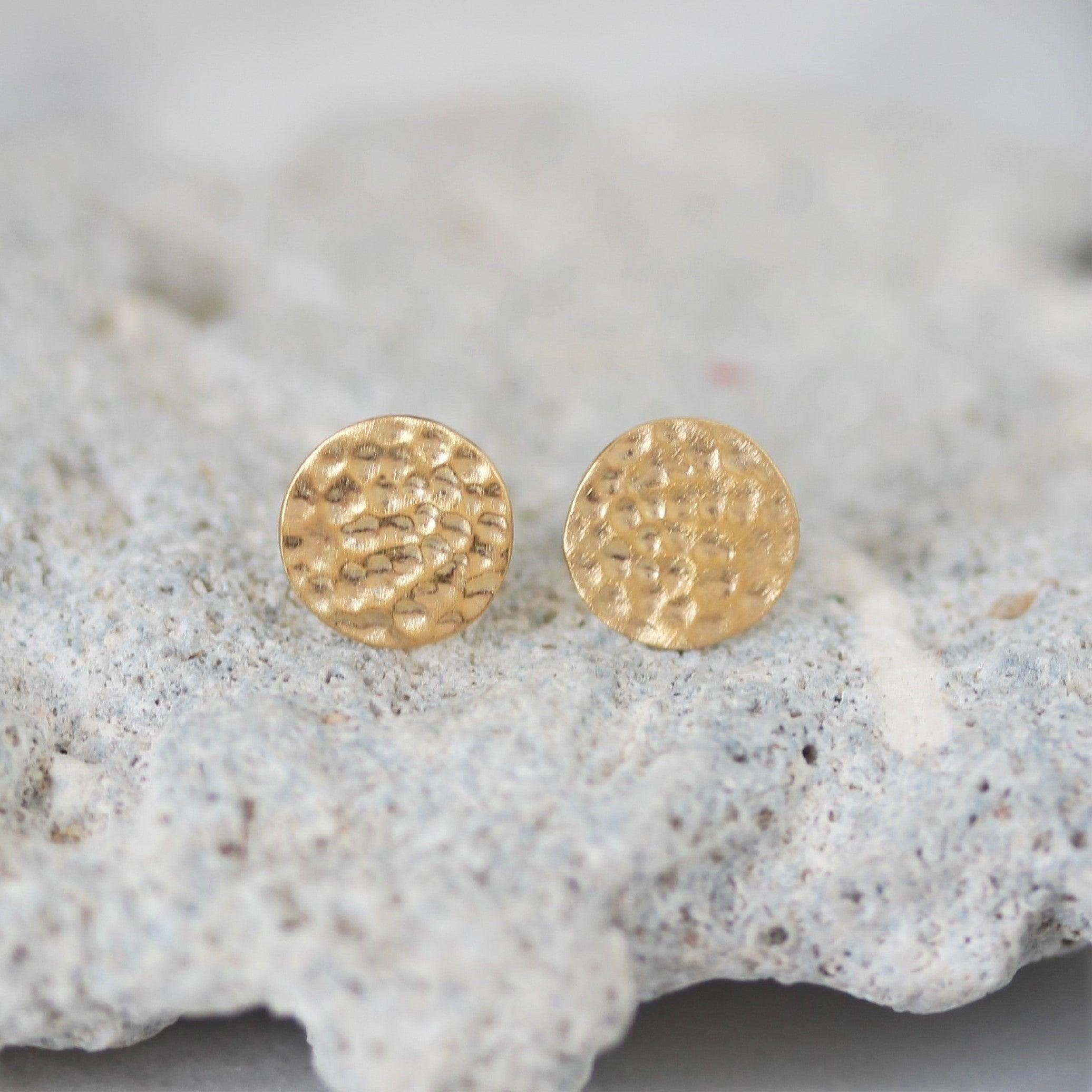Sterling Silver 9mm Yellow Gold Plated Matte Hammered Stud Earrings - STERLING SILVER DESIGNS