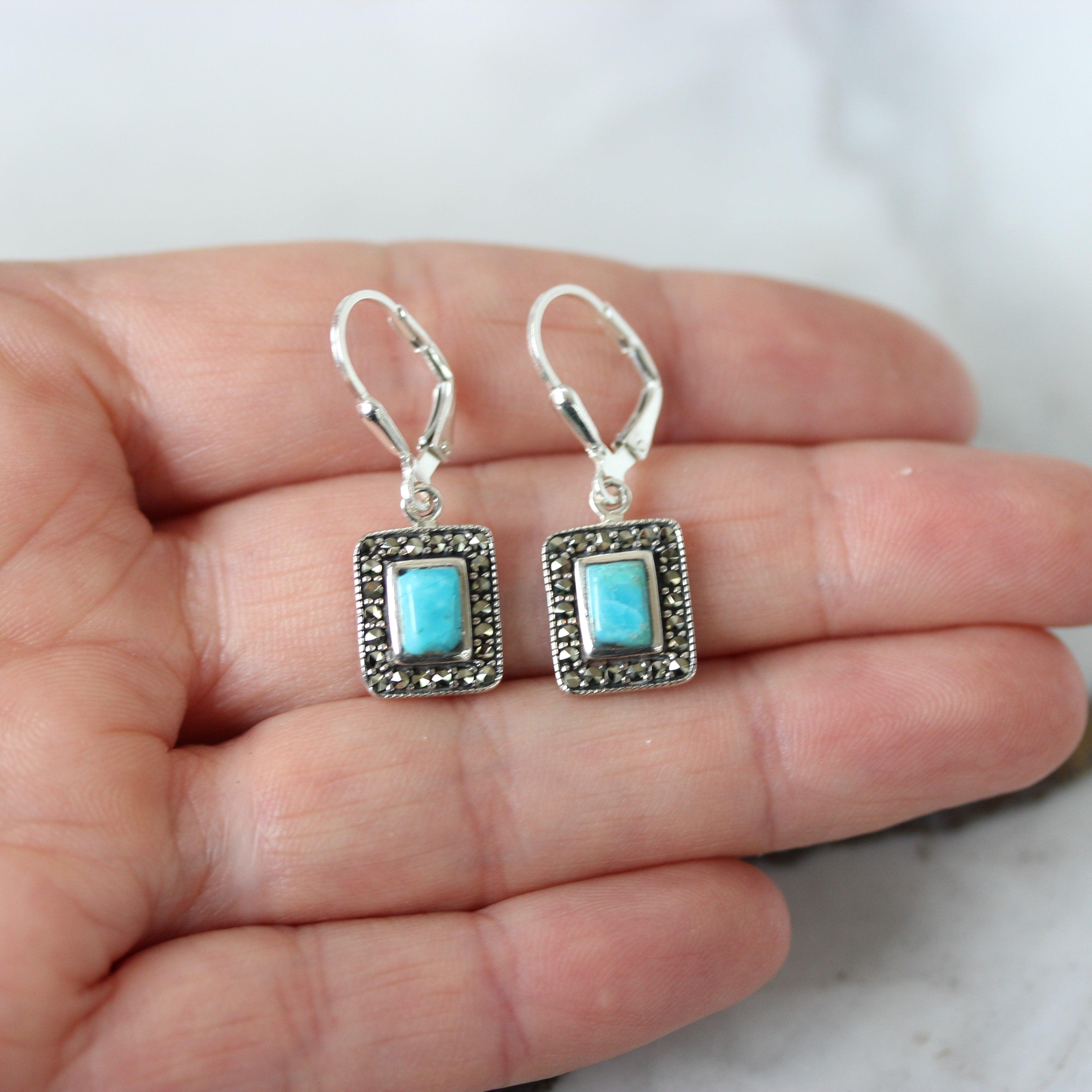 Sterling Silver Marcasite & Turquoise Halo Rectangle Leverback Drop Earrings - STERLING SILVER DESIGNS