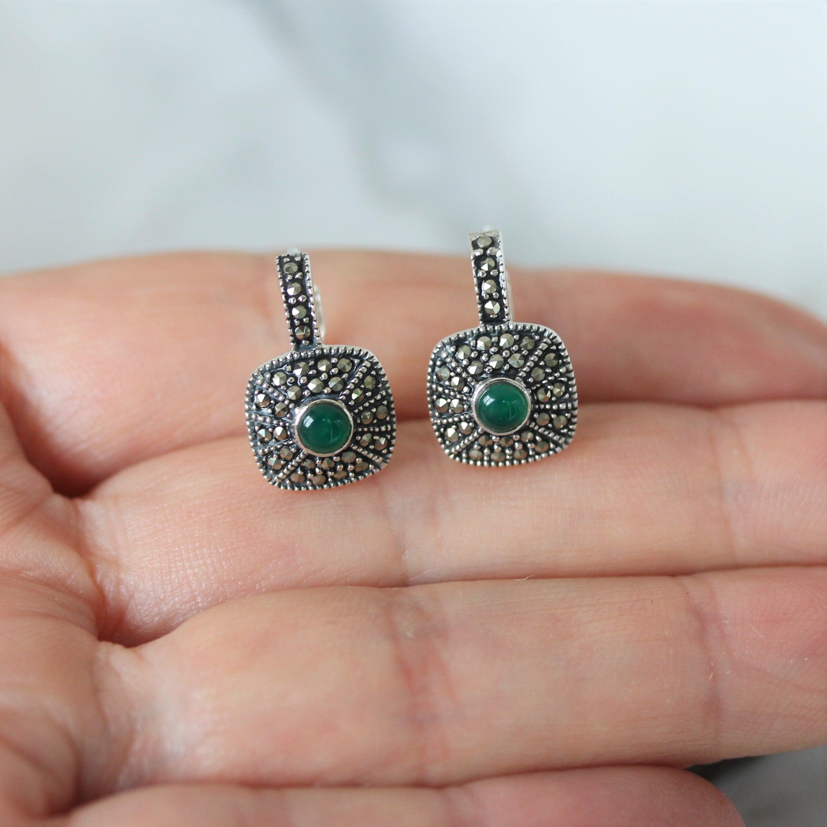 Sterling Silver Art Deco Style Marcasite & Green Agate Small Leverback Drop Earrings - STERLING SILVER DESIGNS