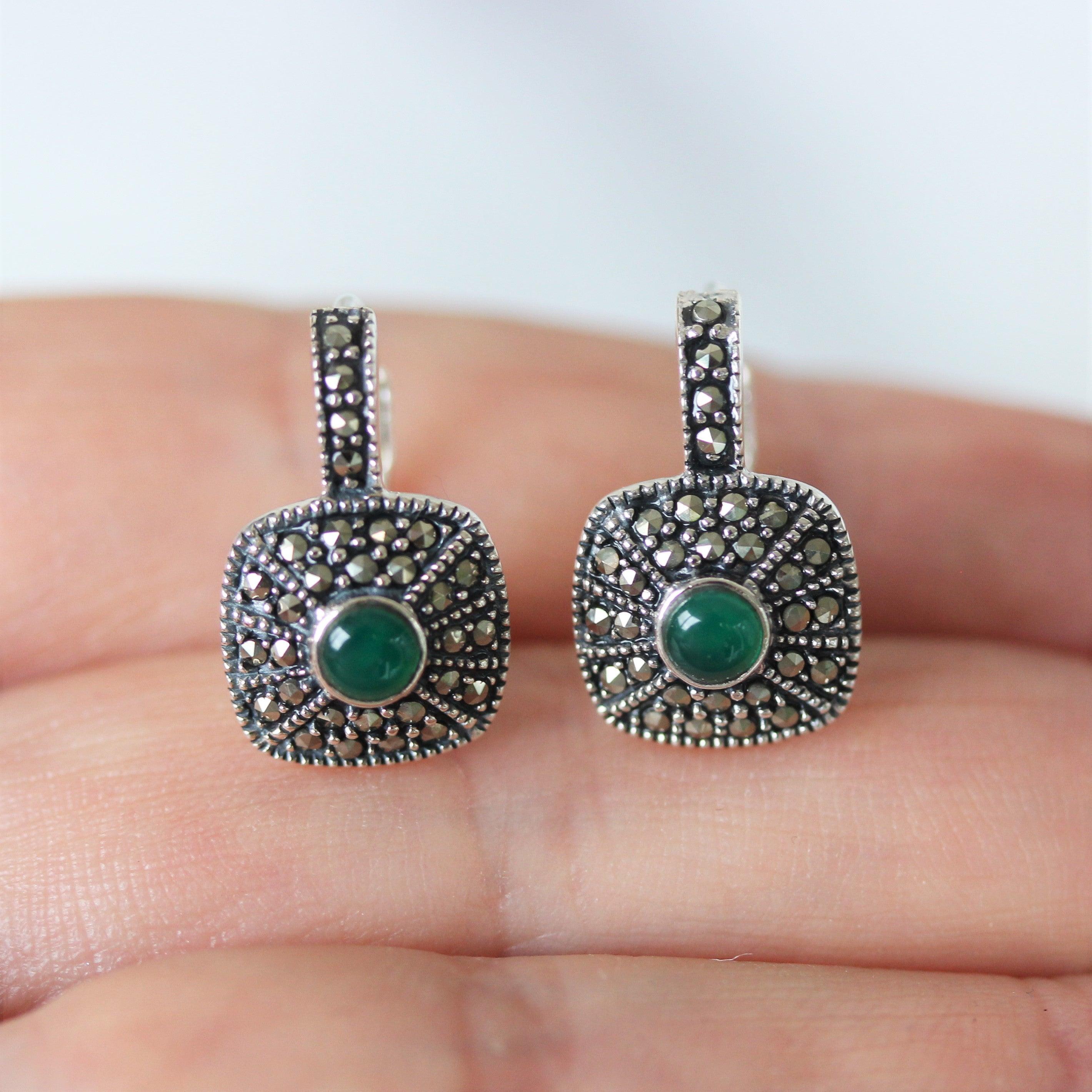 Sterling Silver Art Deco Style Marcasite & Green Agate Small Leverback Drop Earrings - STERLING SILVER DESIGNS