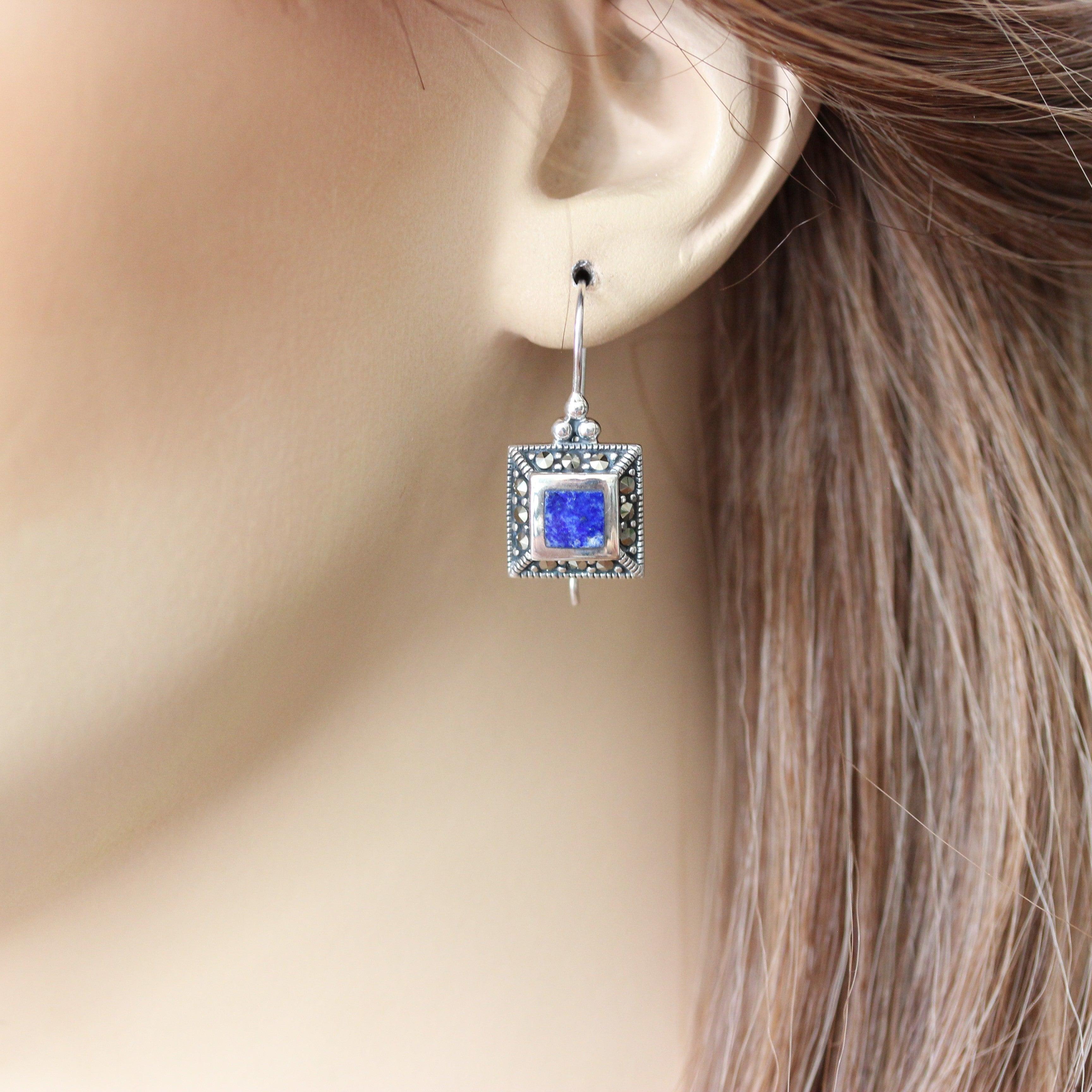 Sterling Silver Marcasite & Blue Lapis Square Shape Leverback Drop Earrings - STERLING SILVER DESIGNS