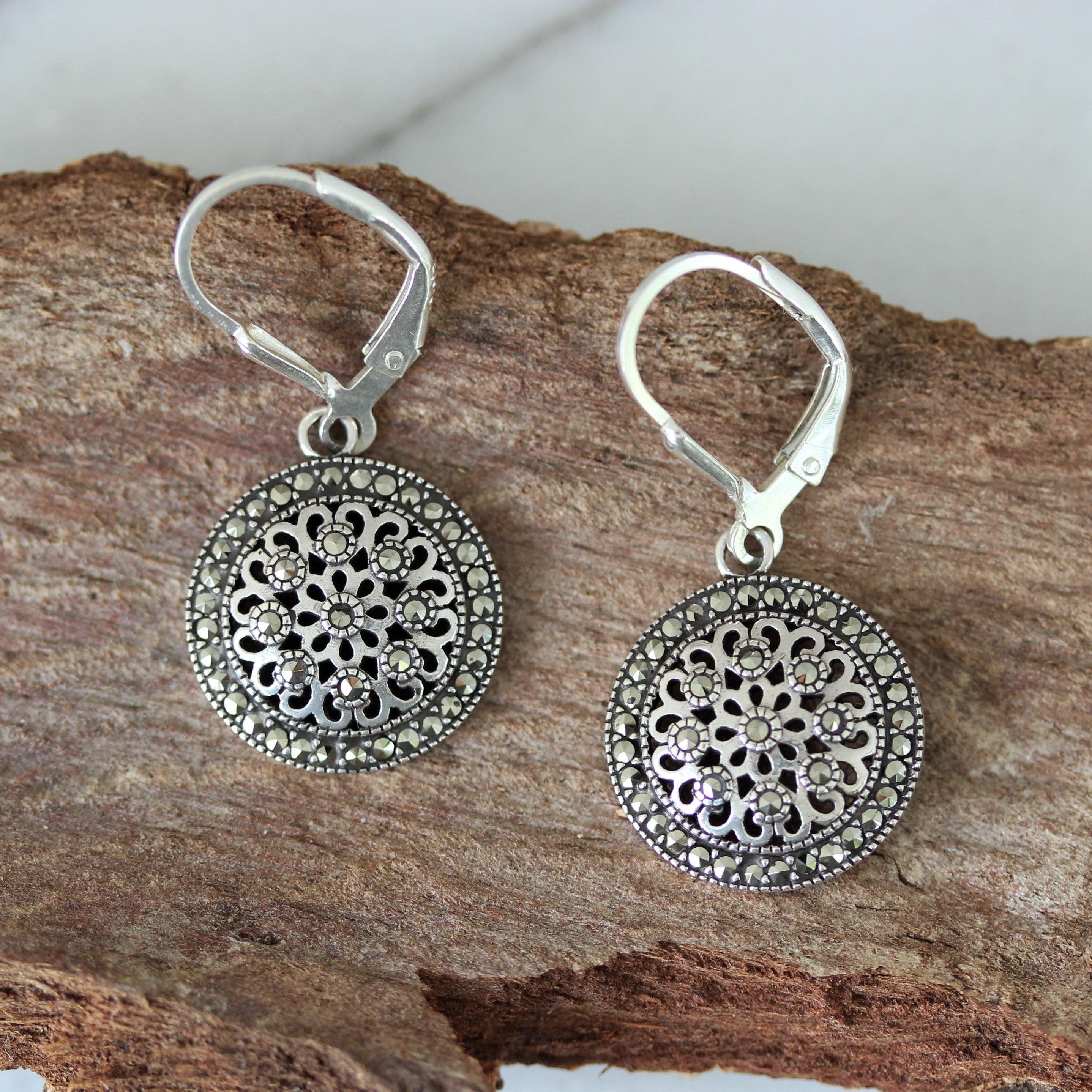 Sterling Silver Marcasite 15mm Round Leverback Drop Earrings - STERLING SILVER DESIGNS