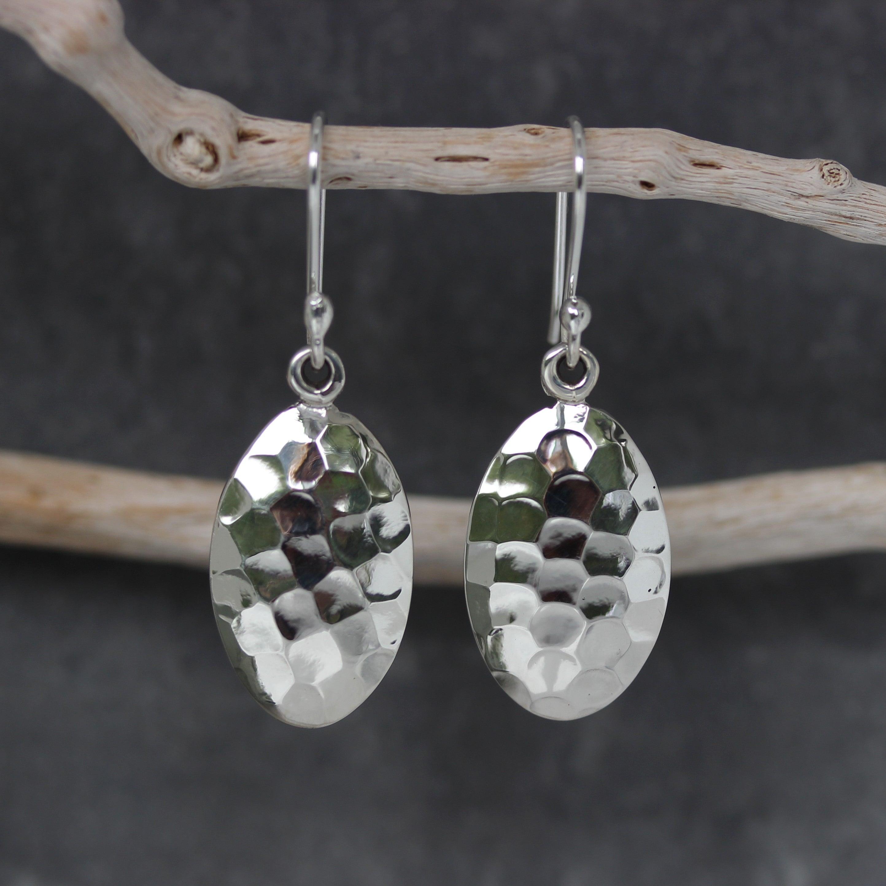 Sterling Silver Oval Hammered Drop Dangle Earrings - STERLING SILVER DESIGNS