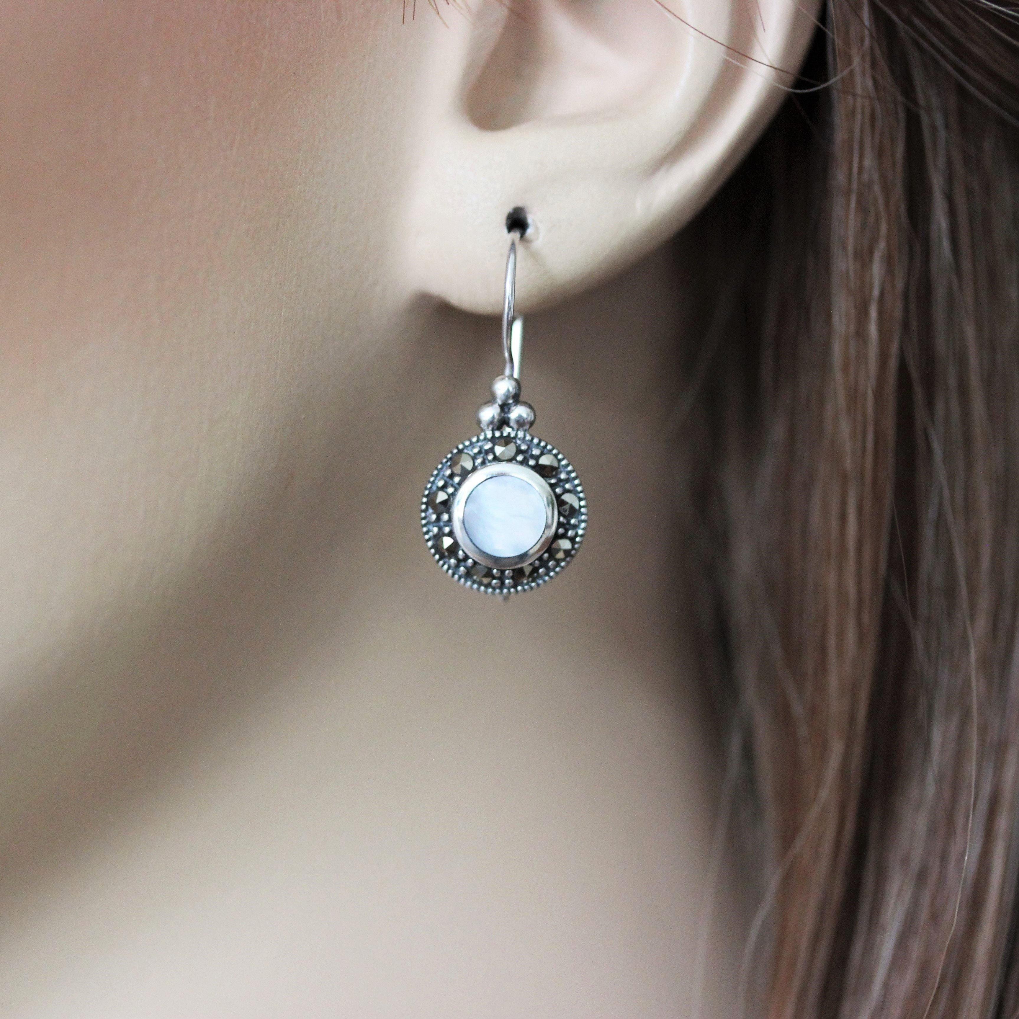 Sterling Silver Marcasite & Mother Of Pearl French Hook Leverback Drop Earrings - STERLING SILVER DESIGNS