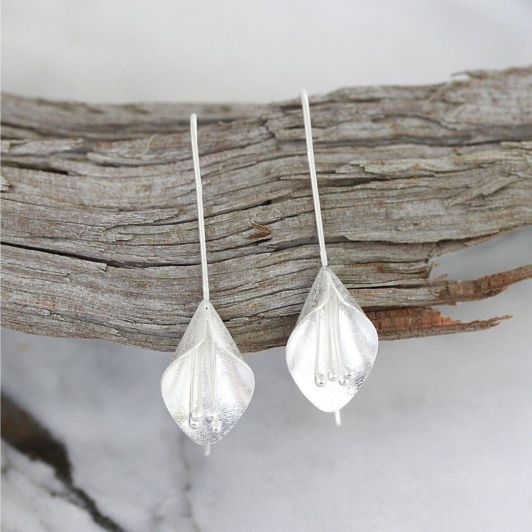 Sterling Silver Matte Flower Petal Drop Hook Earrings - STERLING SILVER DESIGNS