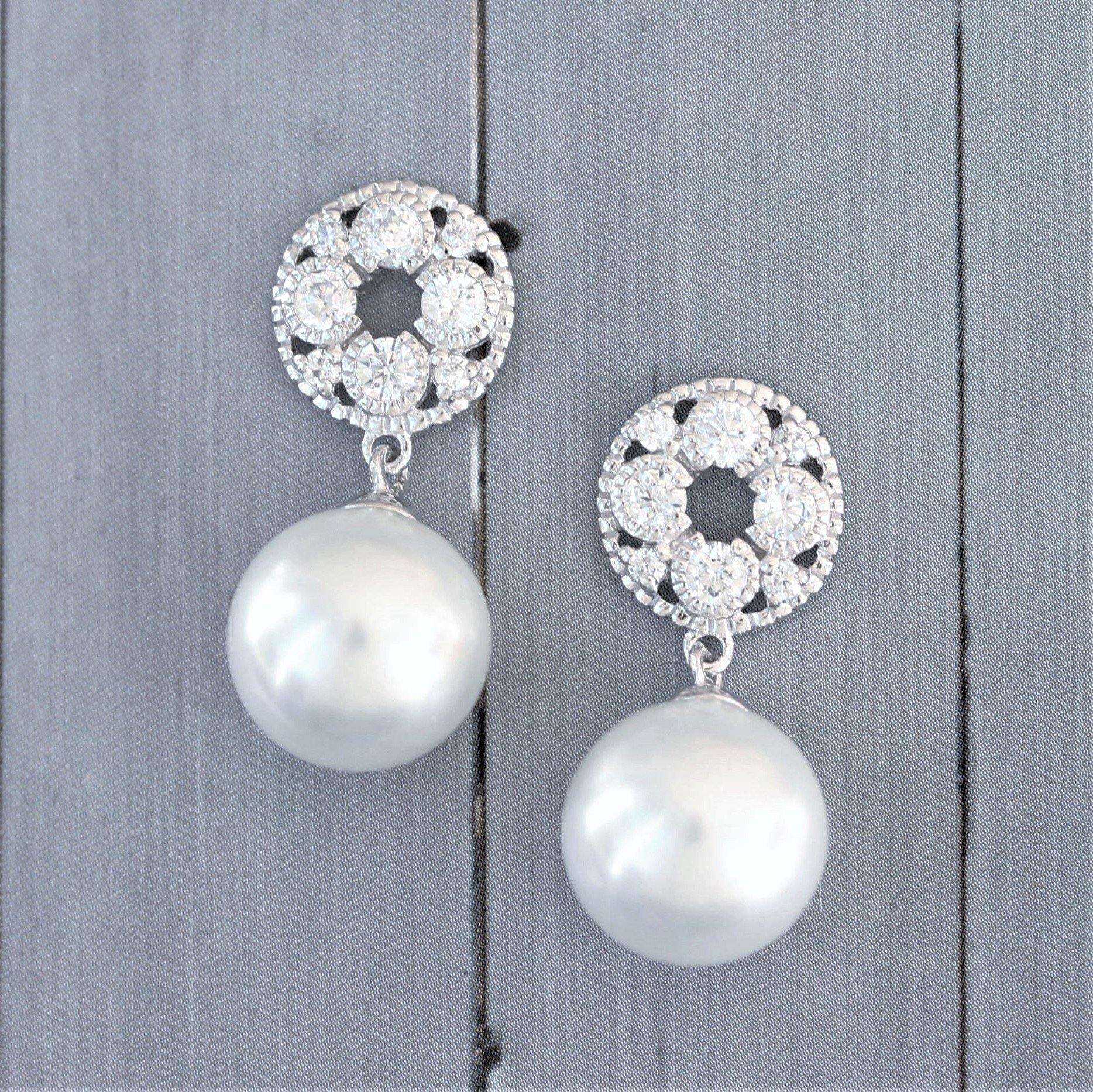 Sterling Silver 925 Art Deco Style CZ & Pearl Drop Bridal Earrings - STERLING SILVER DESIGNS