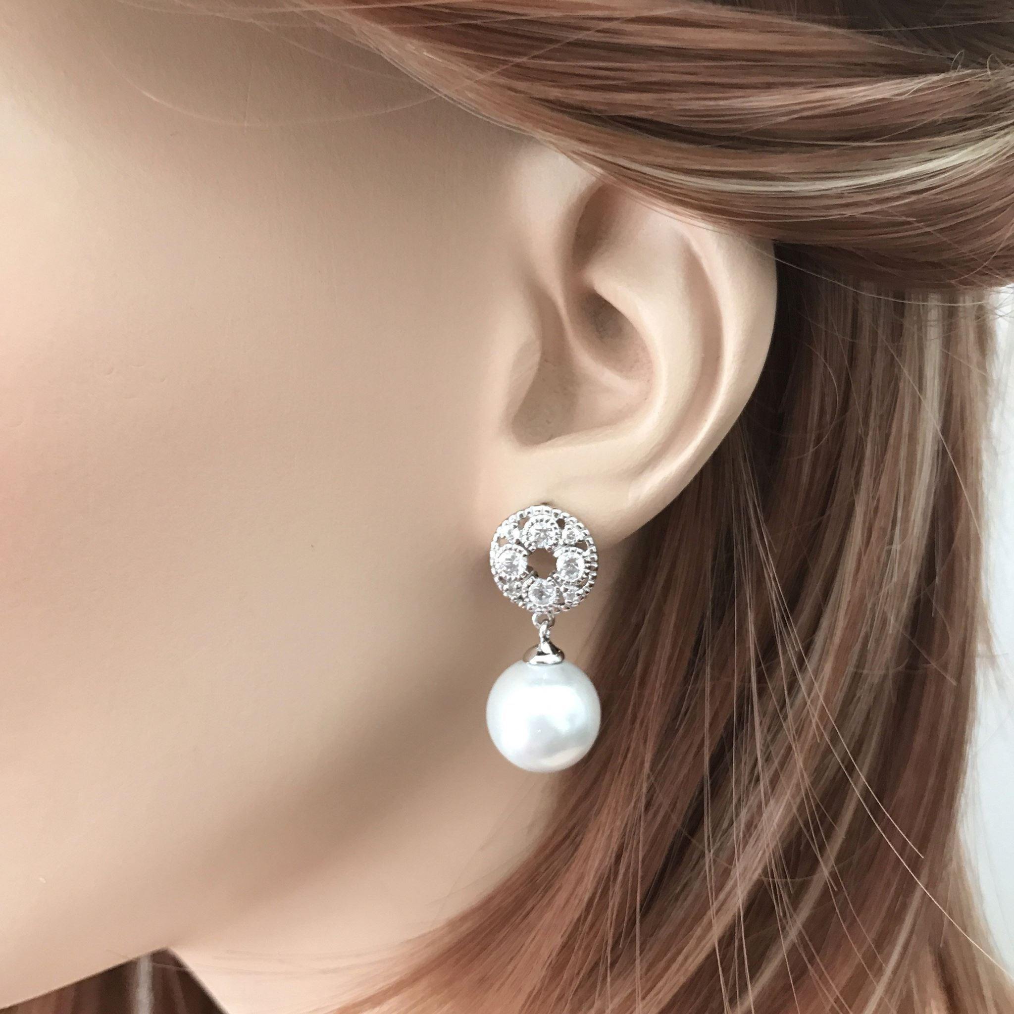 Sterling Silver 925 Art Deco Style CZ & Pearl Drop Bridal Earrings - STERLING SILVER DESIGNS