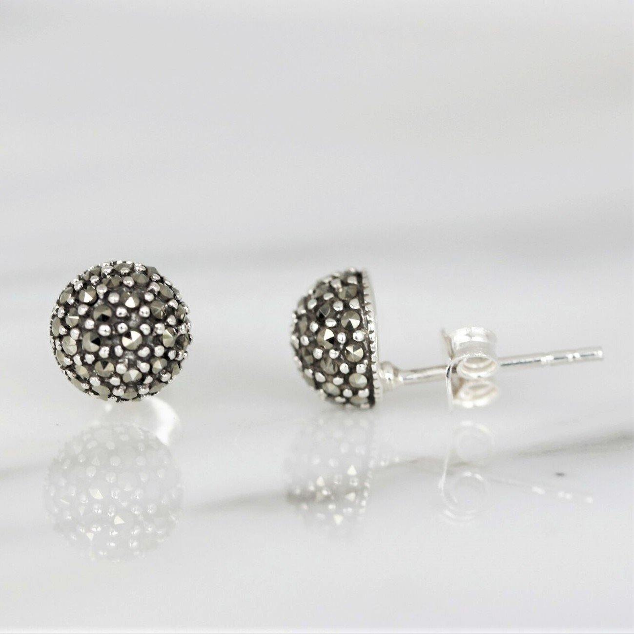 Sterling Silver Marcasite Vintage Style 7mm Dome 1/2 Ball Stud Earrings - STERLING SILVER DESIGNS