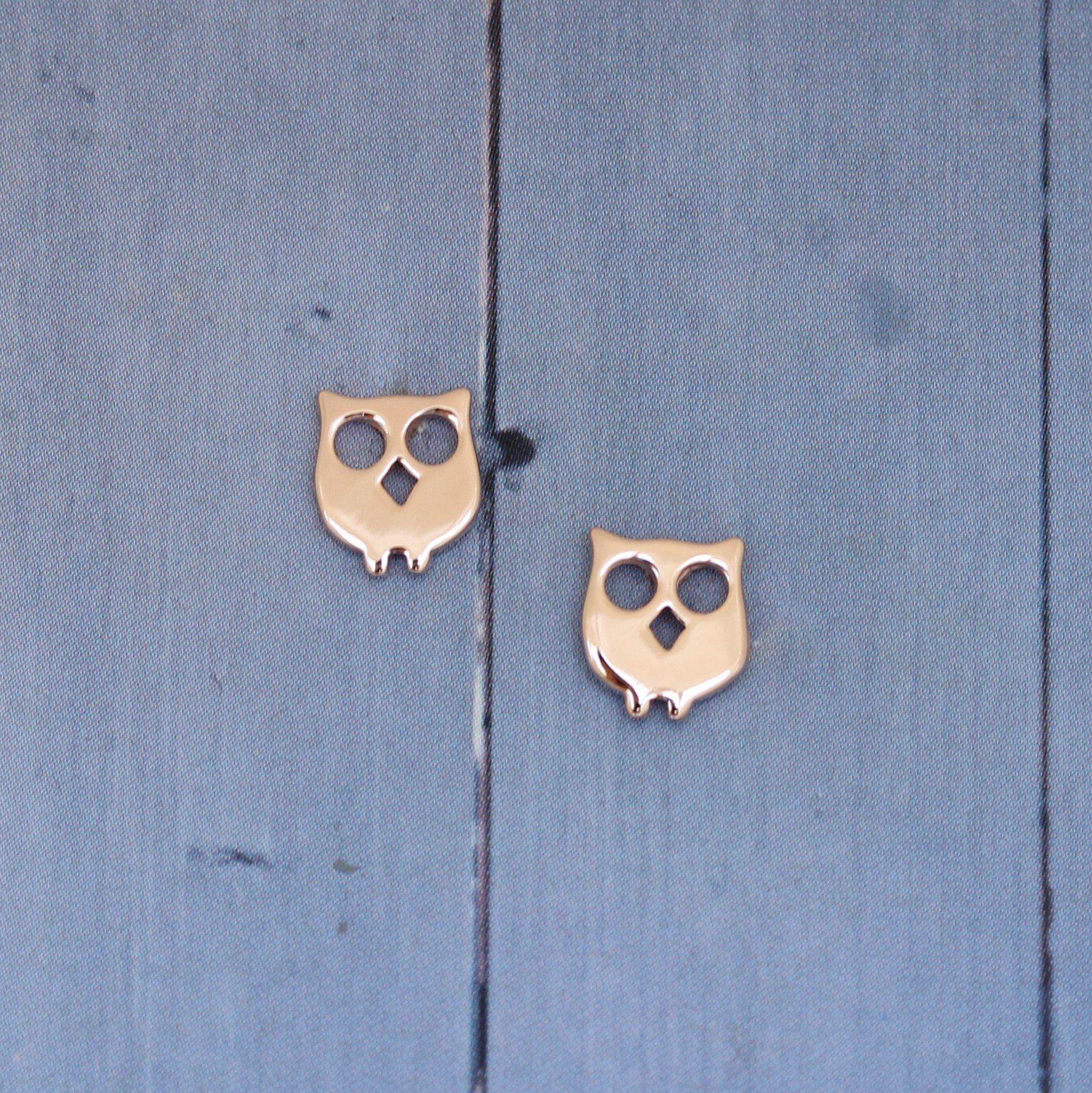 Sterling Silver Rose Gold Plated Owl Bird Stud Earrings Plain Silver - STERLING SILVER DESIGNS