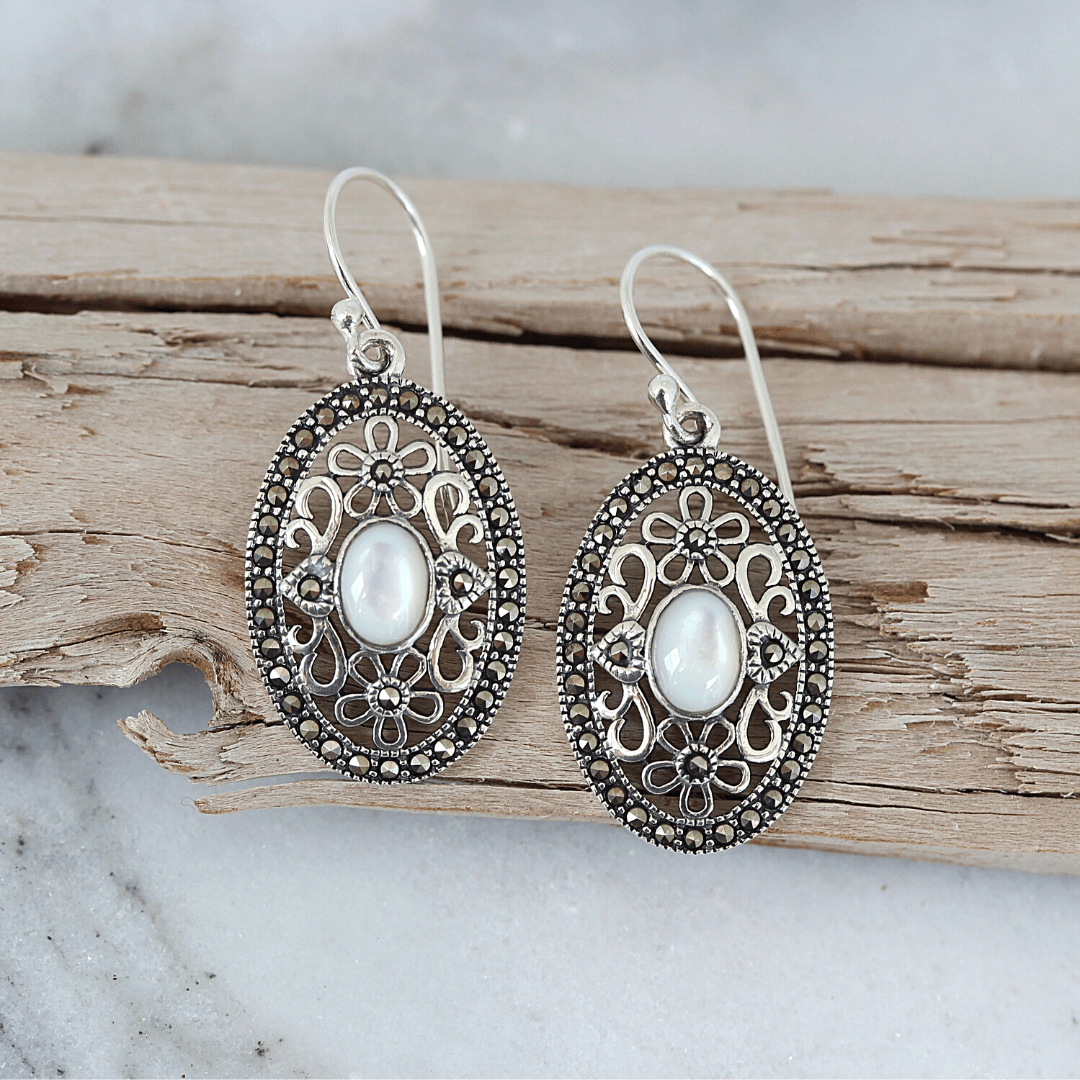 Sterling Silver Marcasite & Mother Of Pearl Oval Floral Hook Drop Earrings - STERLING SILVER DESIGNS