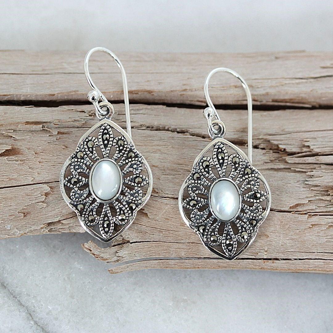 Sterling Silver Marcasite & Mother Of Pearl Drop Dangle Earrings - STERLING SILVER DESIGNS