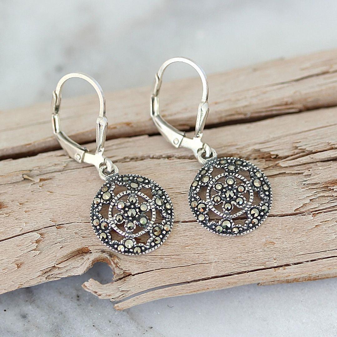 Sterling Silver Marcasite 13mm Round Leverback Drop Dangle Earrings - STERLING SILVER DESIGNS