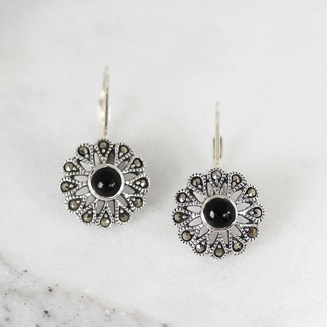 Sterling Silver Marcasite & Black Onyx Floral Leverback Drop Earrings - STERLING SILVER DESIGNS
