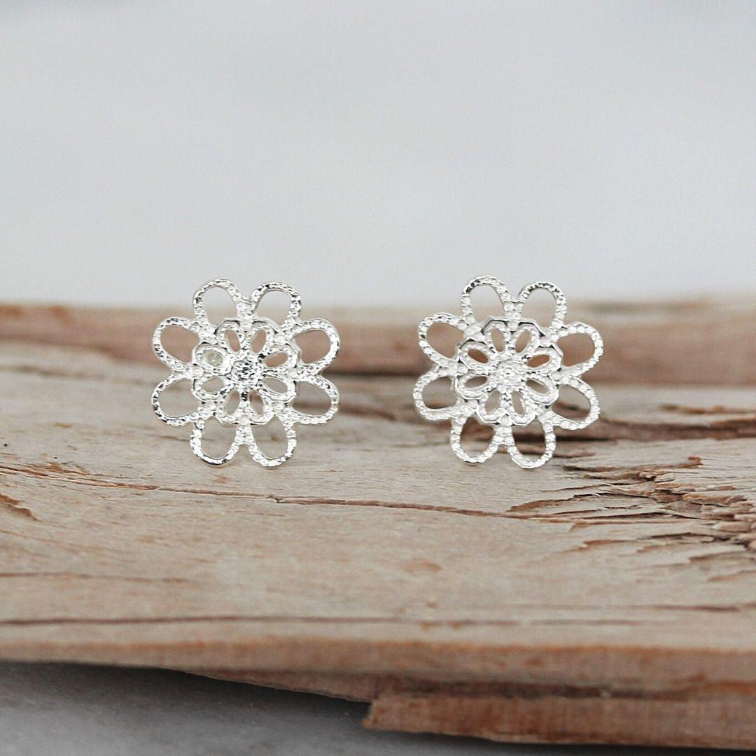 Sterling Silver 9mm Round Cut Out Matte Flower Stud Earrings - STERLING SILVER DESIGNS
