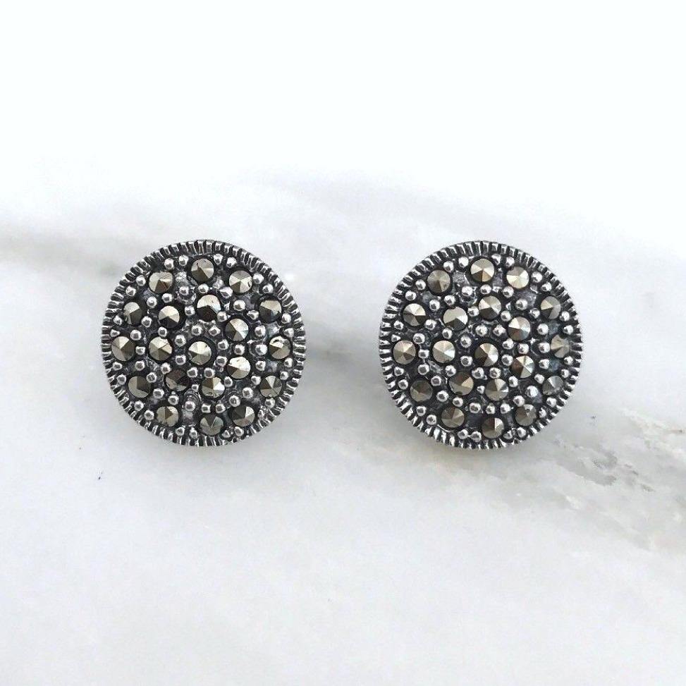 Sterling Silver Marcasite Vintage Style Big 13mm Round Disc Stud Earrings - STERLING SILVER DESIGNS