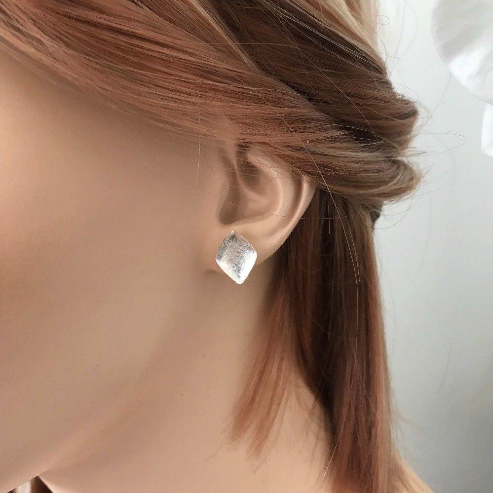 Sterling Silver Diamond Shape Brushed Matte Finish Stud Earrings - STERLING SILVER DESIGNS