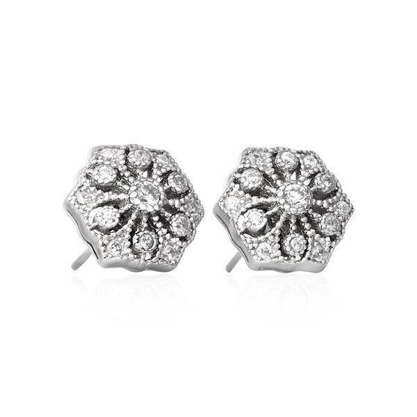 Sterling Silver Bridal Wedding Hexagon Shape Art Deco Style CZ Stud Earrings - STERLING SILVER DESIGNS
