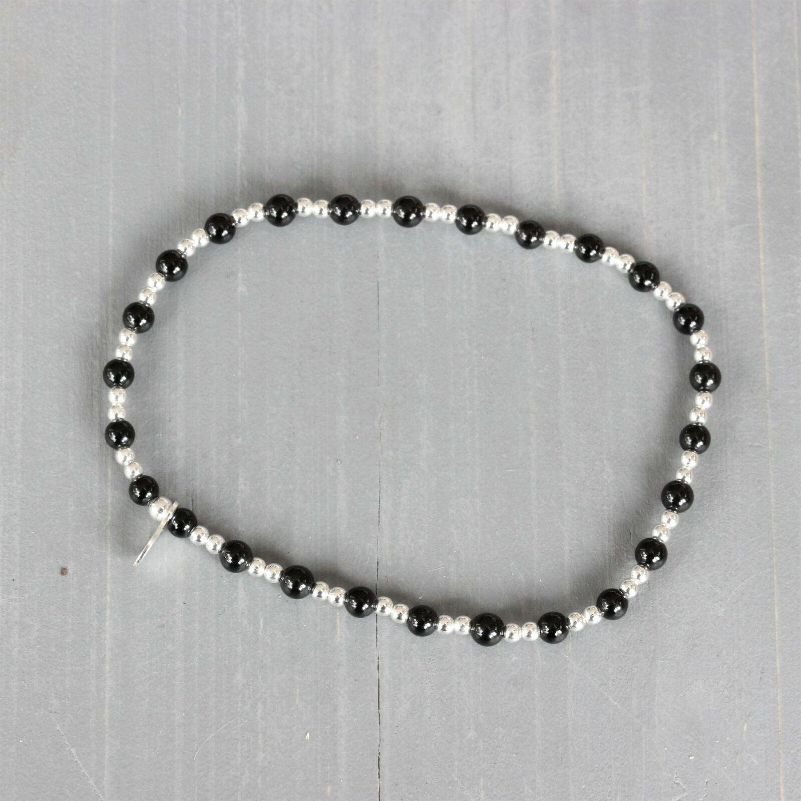 Sterling Silver 2 x 3mm Small Bead Balls & Black Onyx 18cm Stretch Bracelet - STERLING SILVER DESIGNS