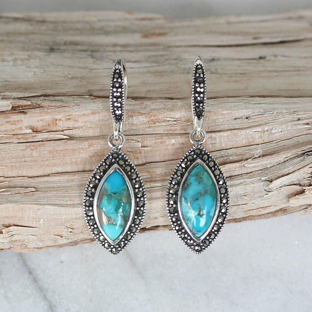 Sterling Silver Marcasite & Turquoise Marquise Shape Halo Drop Dangle Earrings - STERLING SILVER DESIGNS