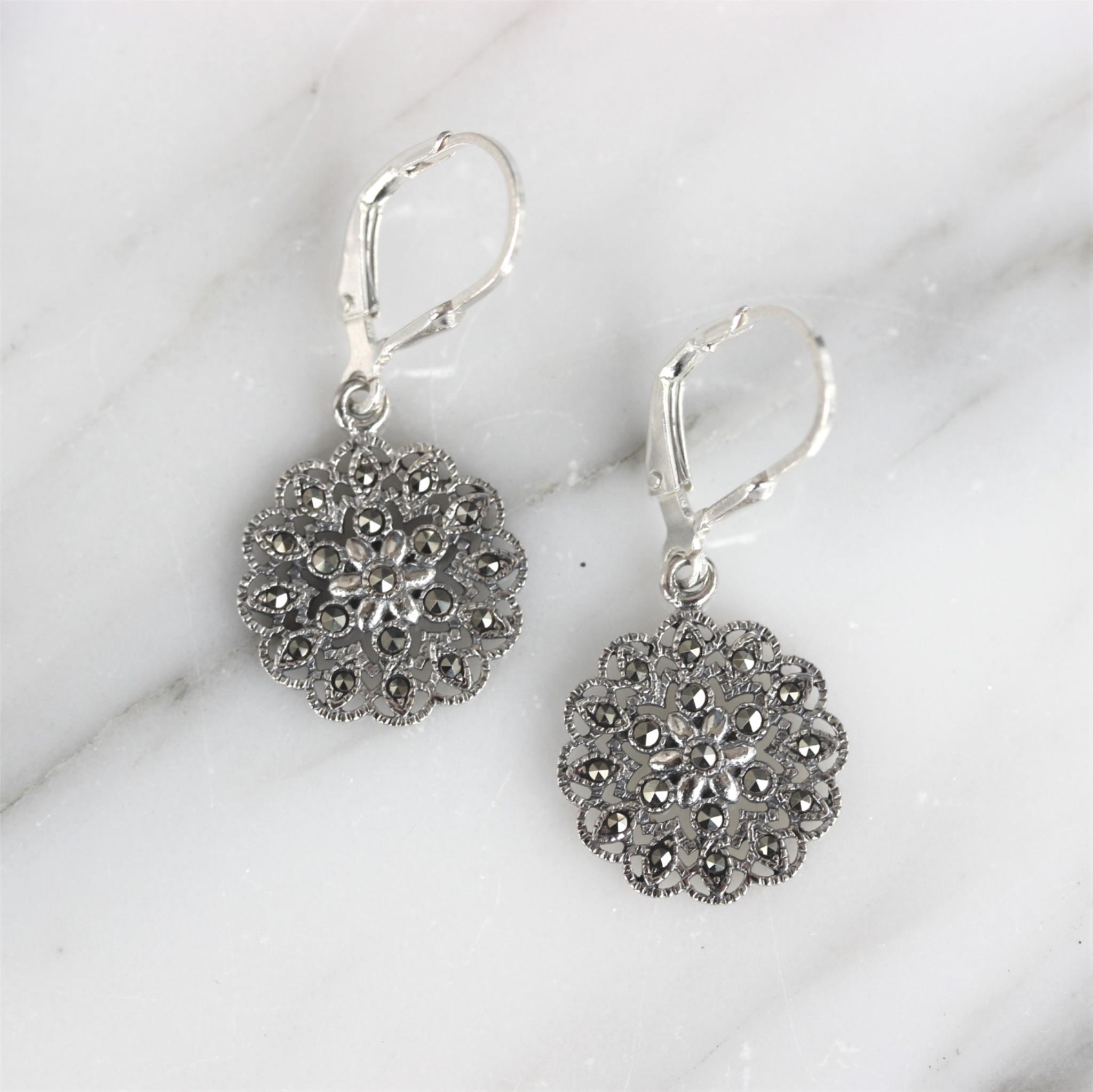 Sterling Silver Marcasite 15mm Round Floral Leverback Drop Earrings - STERLING SILVER DESIGNS