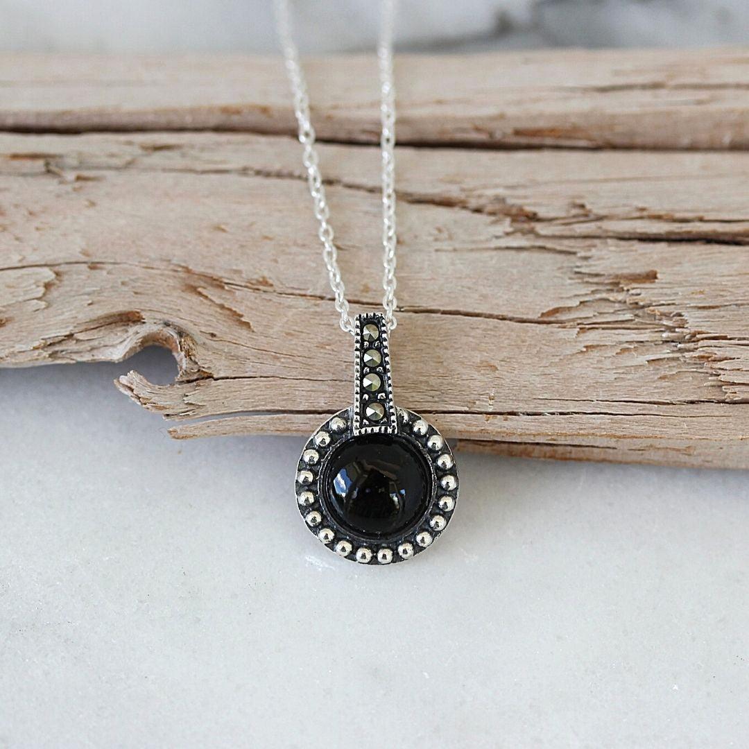 Sterling Silver Marcasite & Black Onyx Pendant Necklace 42cm - STERLING SILVER DESIGNS
