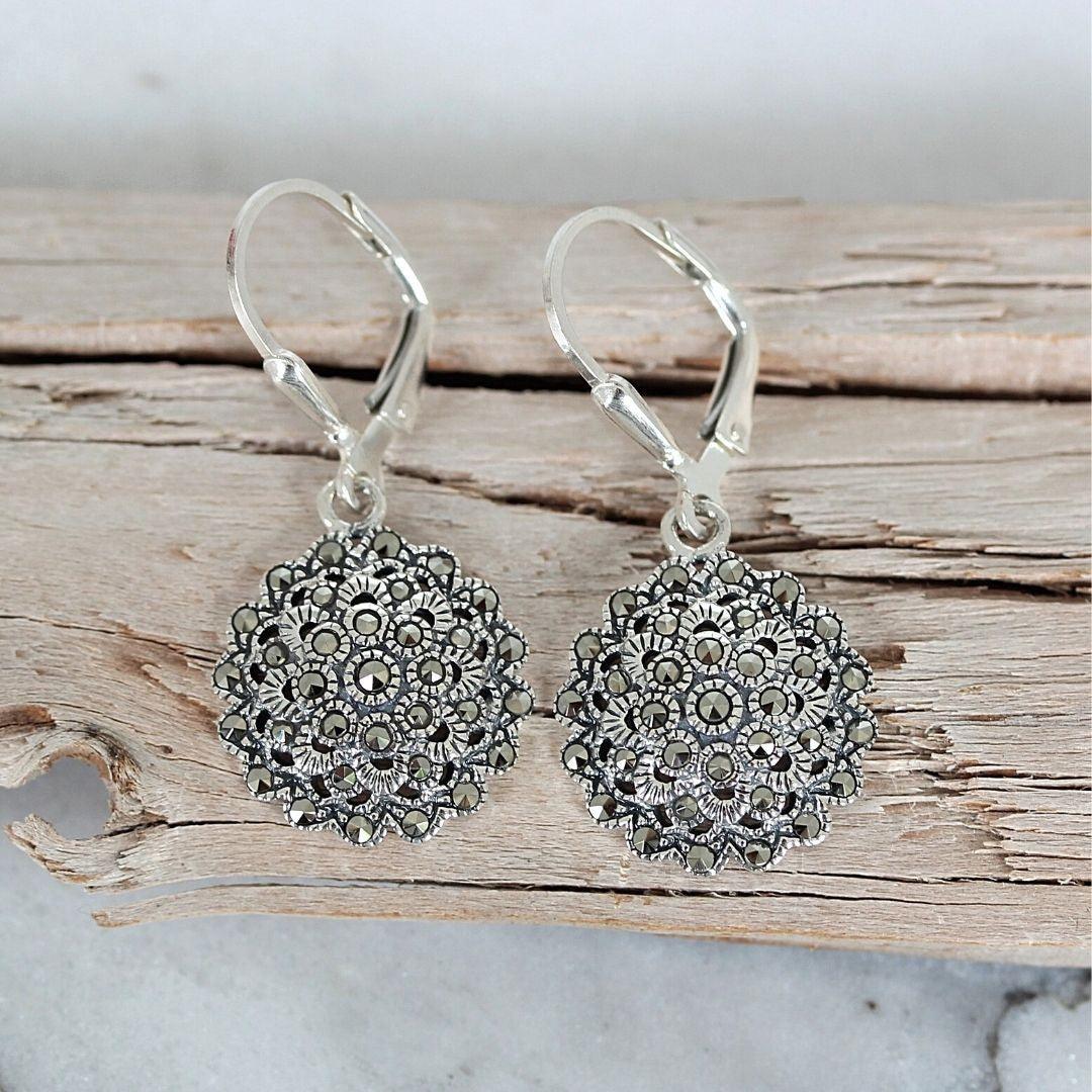 Sterling Silver Marcasite Vintage Style 15mm Round Leverback Drop Earrings - STERLING SILVER DESIGNS