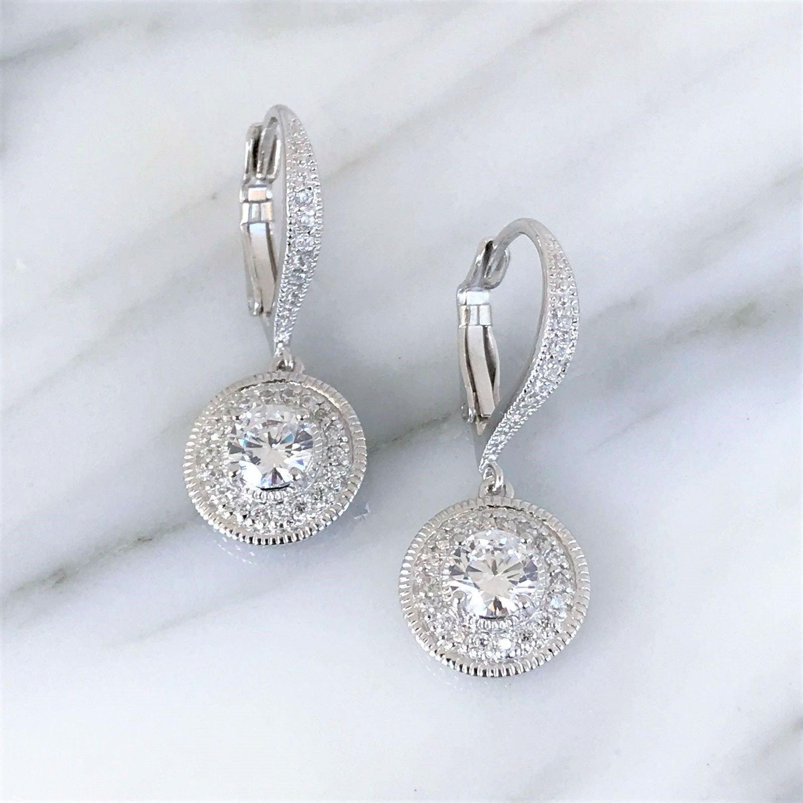 Sterling Silver Vintage Inspired CZ Halo Leverback Earrings - STERLING SILVER DESIGNS