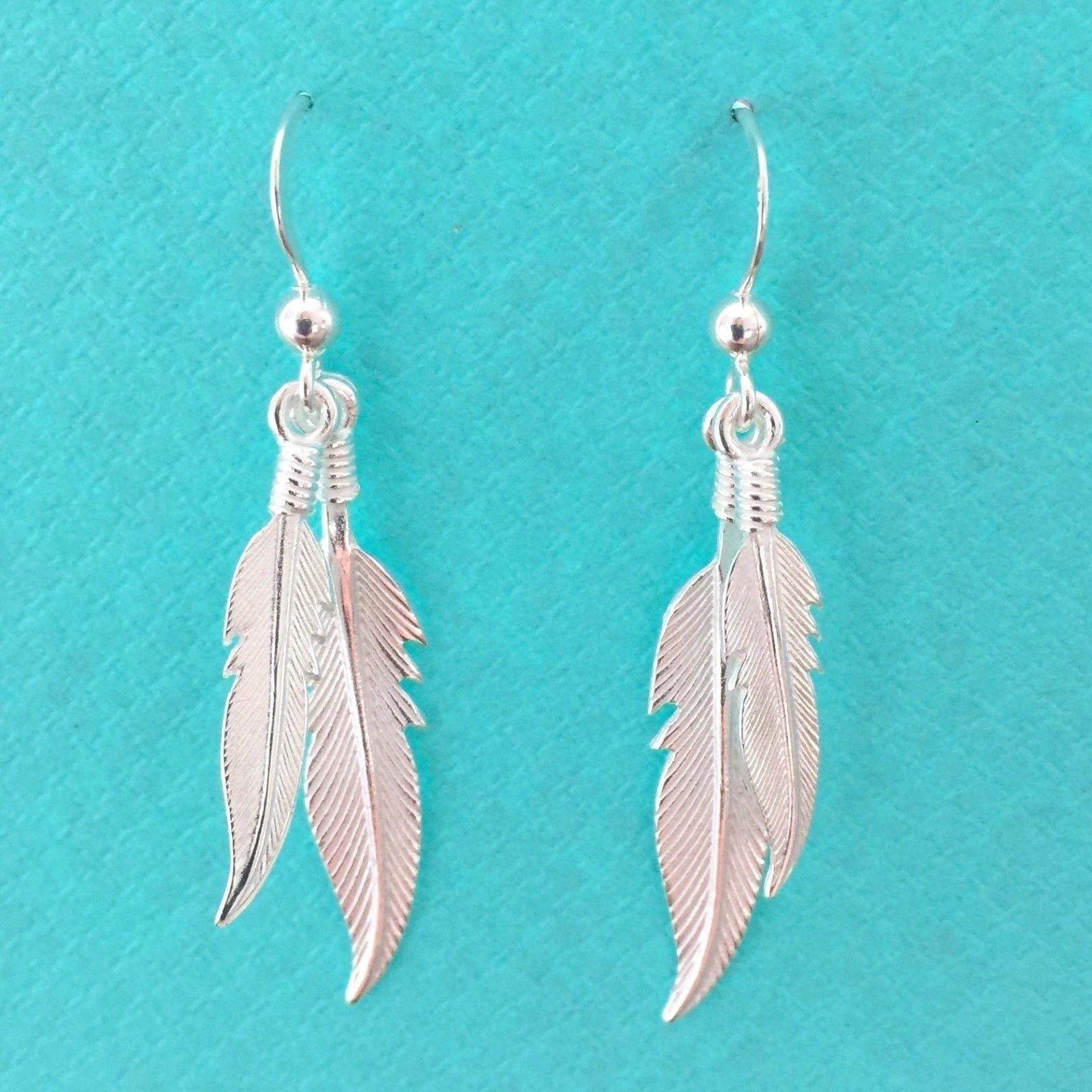 Sterling Silver Double Feather Leaf Hook Drop Dangle Earrings - STERLING SILVER DESIGNS
