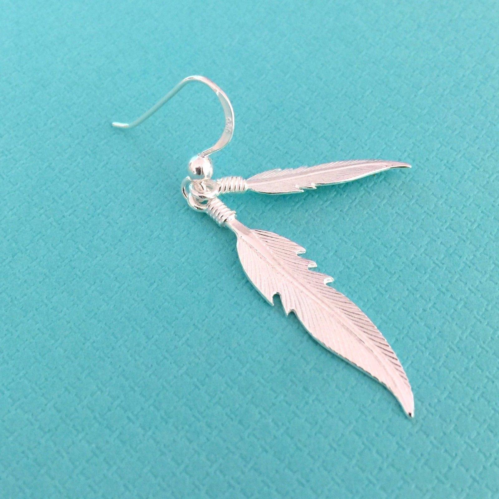 Sterling Silver Double Feather Leaf Hook Drop Dangle Earrings - STERLING SILVER DESIGNS