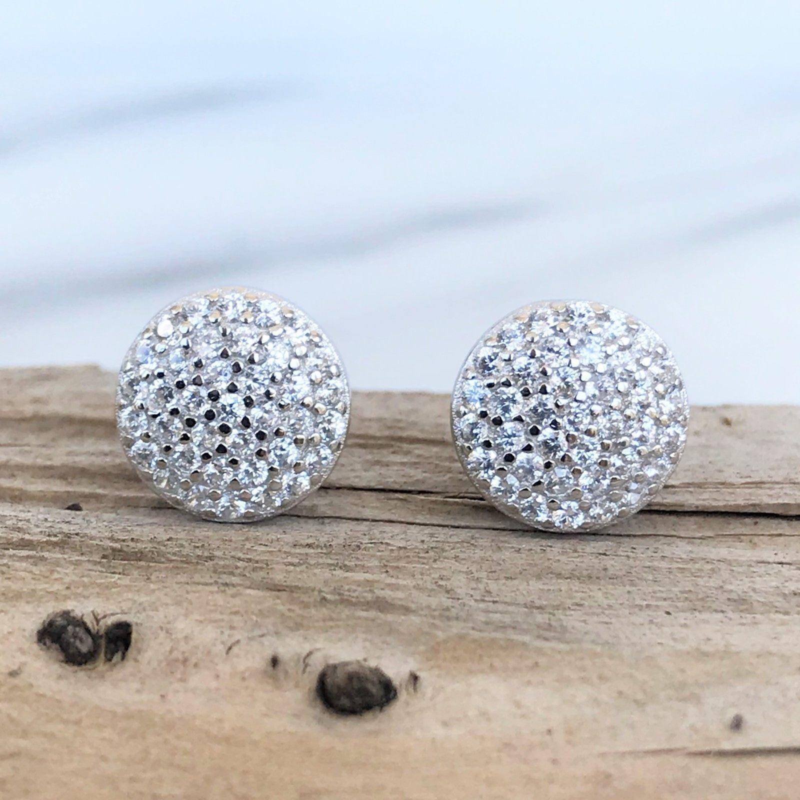 Sterling Silver Bridal Wedding 9mm Round Flat Disc CZ Pave Stud Earrings - STERLING SILVER DESIGNS