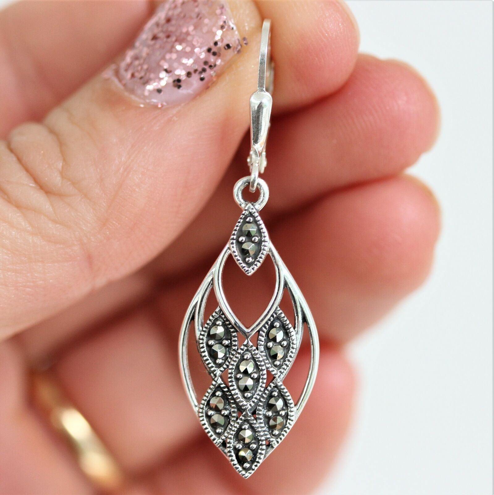 Sterling Silver Marcasite Marquise Shape Leverback Drop Earrings - STERLING SILVER DESIGNS