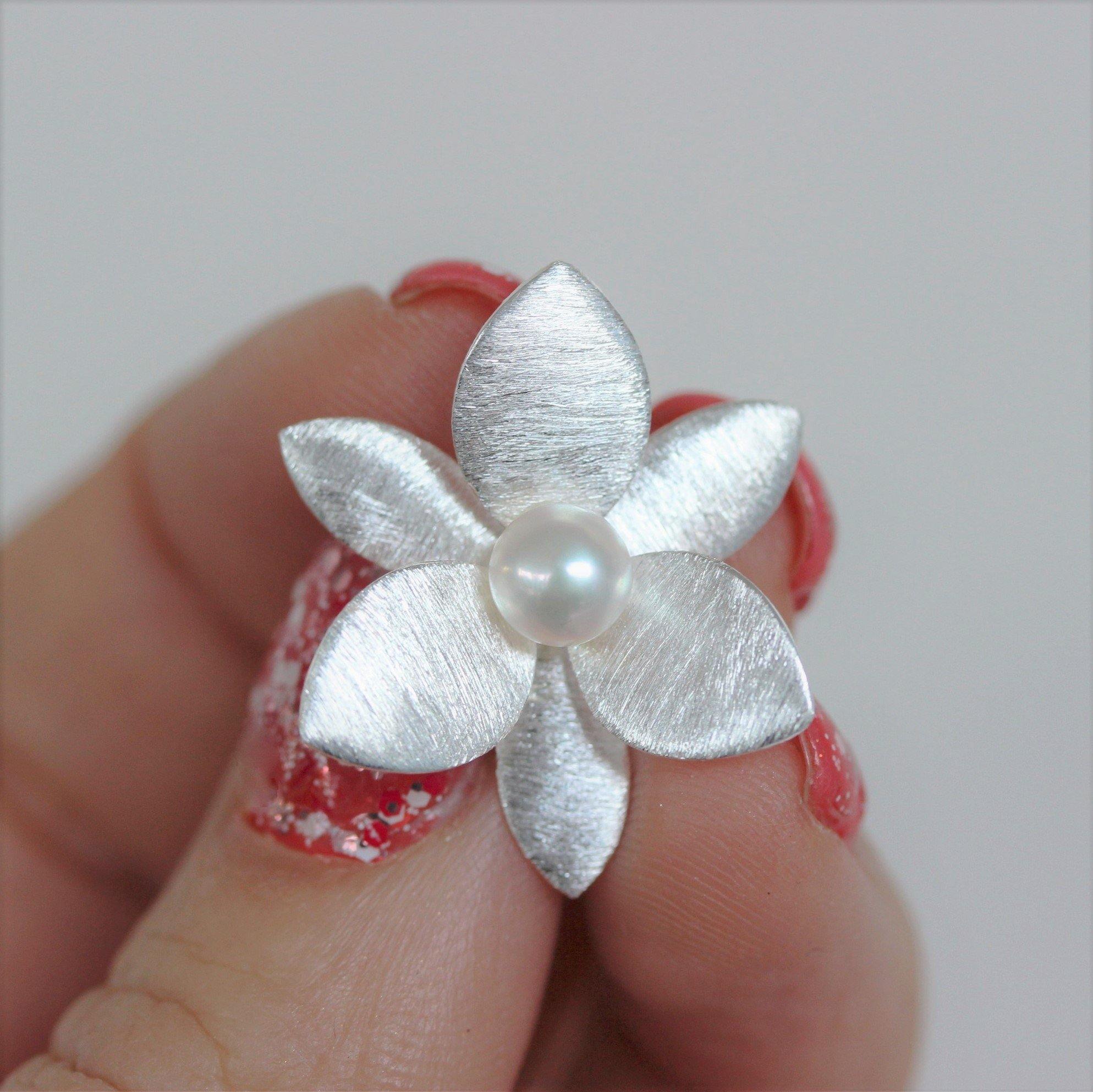 Sterling Silver Big 25mm Pearl Flower Brushed Matt Finish Earrings - STERLING SILVER DESIGNS