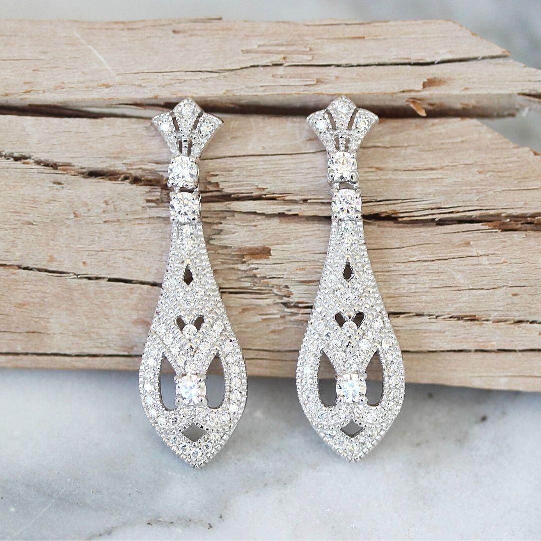 Sterling Silver Art Deco Style CZ Bridal Wedding Drop Earrings - STERLING SILVER DESIGNS