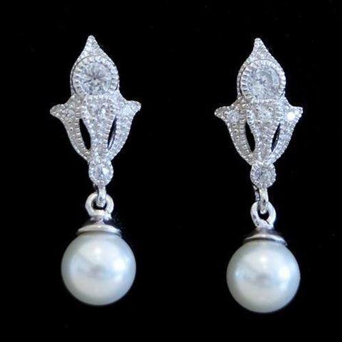 Sterling Silver Art Deco Style Bridal Wedding Pearl & CZ Drop Earrings - STERLING SILVER DESIGNS