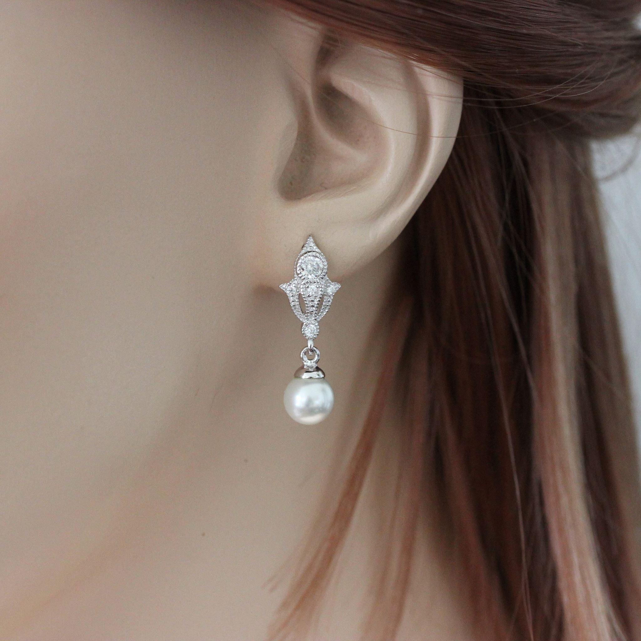 Sterling Silver Art Deco Style Bridal Wedding Pearl & CZ Drop Earrings - STERLING SILVER DESIGNS