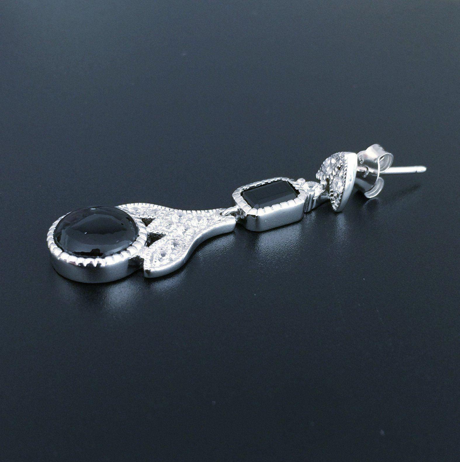 Sterling Silver Art Deco Style Black Onyx & CZ Drop Earrings - STERLING SILVER DESIGNS
