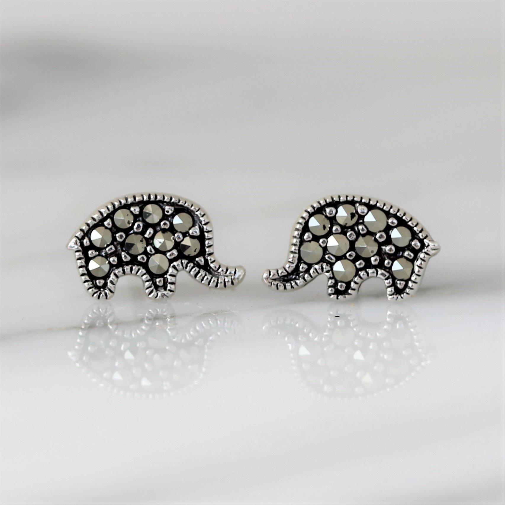 Sterling Silver Marcasite Elephant Earrings Studs Vintage Style - STERLING SILVER DESIGNS