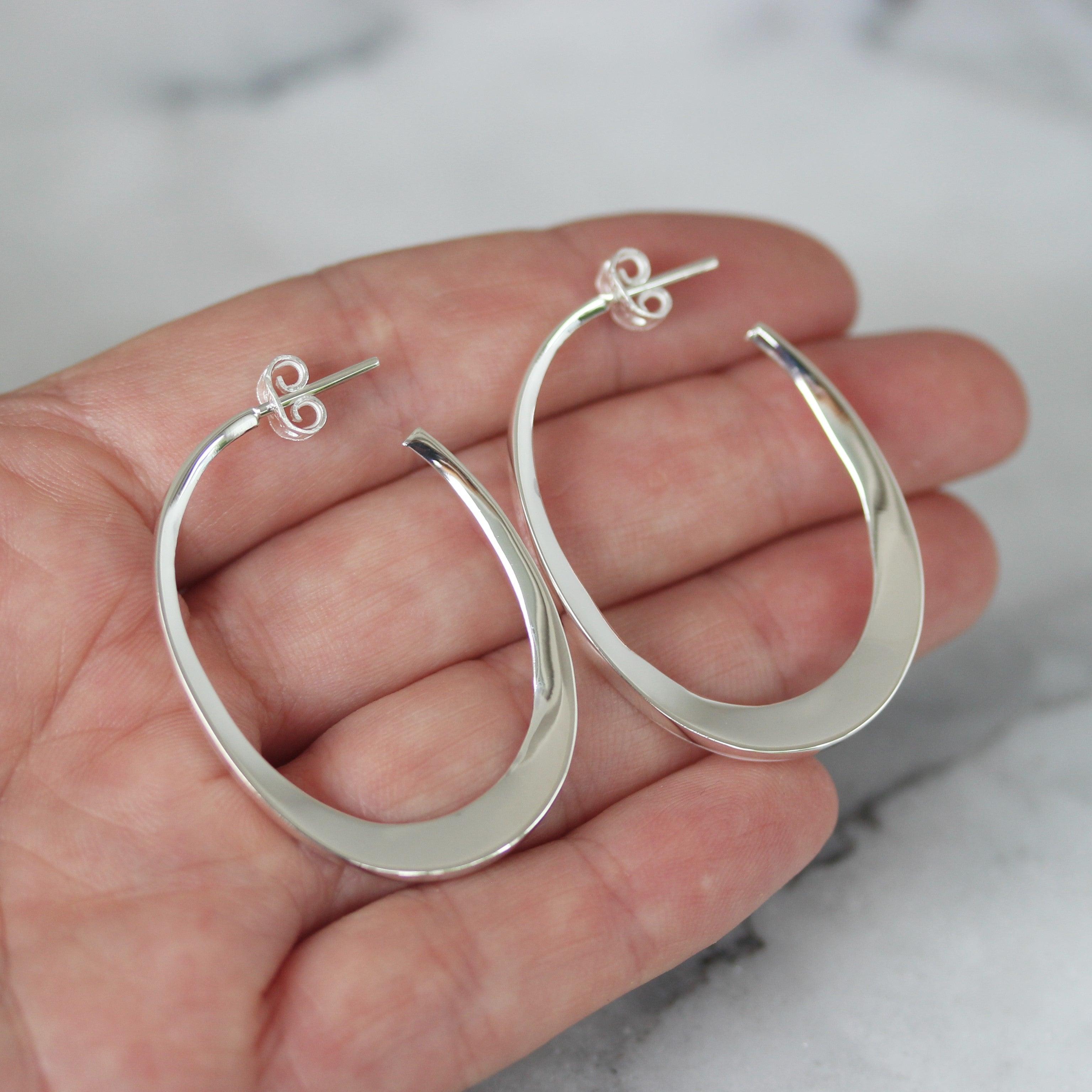 Sterling Silver Modern Oval Open Hoop Drop Earrings - STERLING SILVER DESIGNS