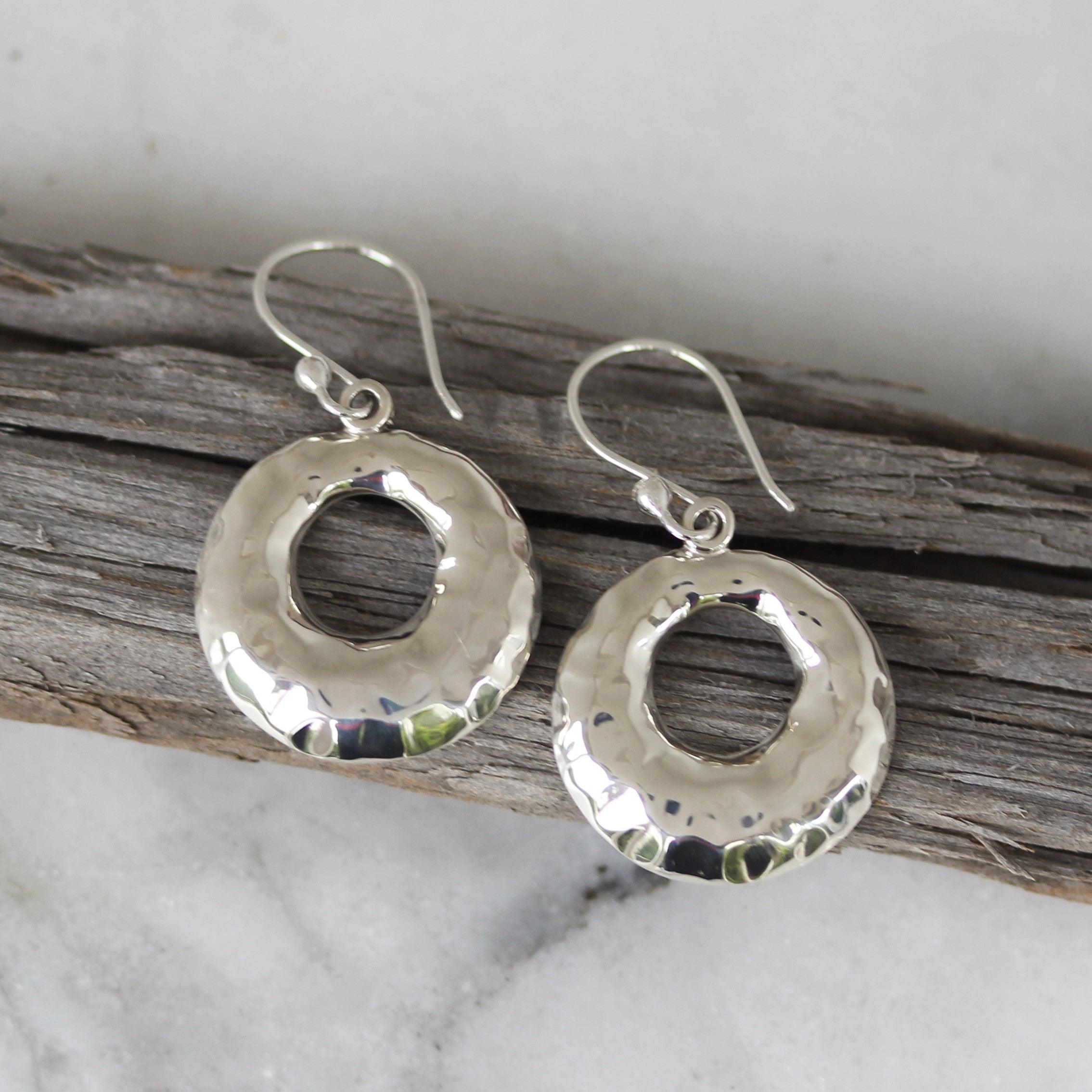 Sterling Silver Hammered Beaten Cut Out Circle Drop Dangle Earrings - STERLING SILVER DESIGNS