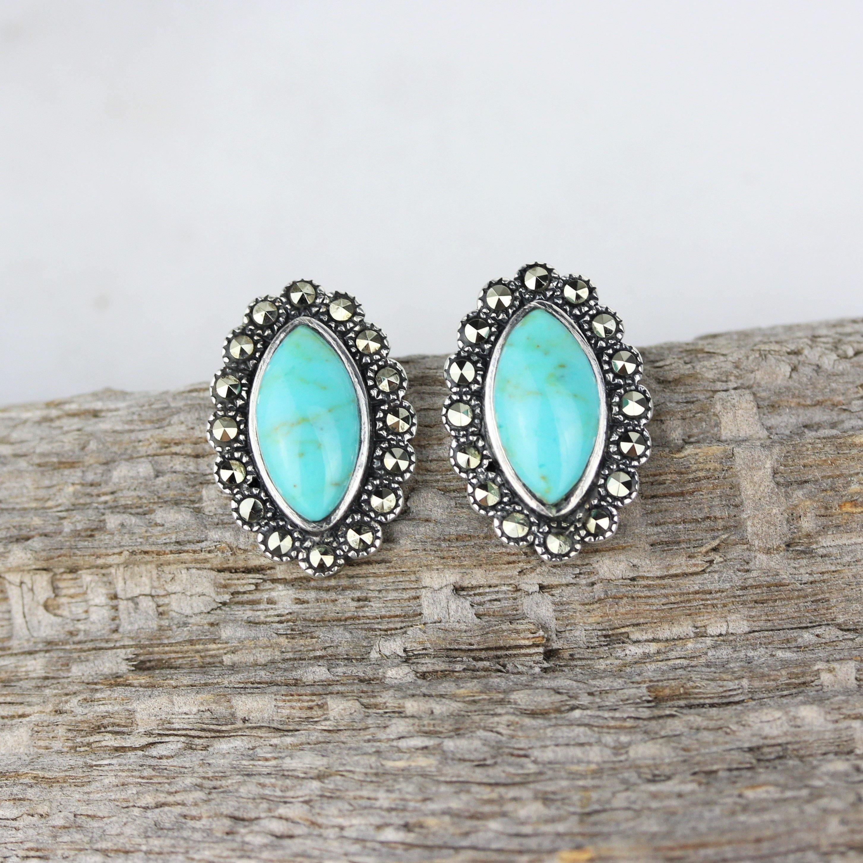 Sterling Silver Marcasite & Turquoise Marquise Shape Halo Stud Earrings - STERLING SILVER DESIGNS