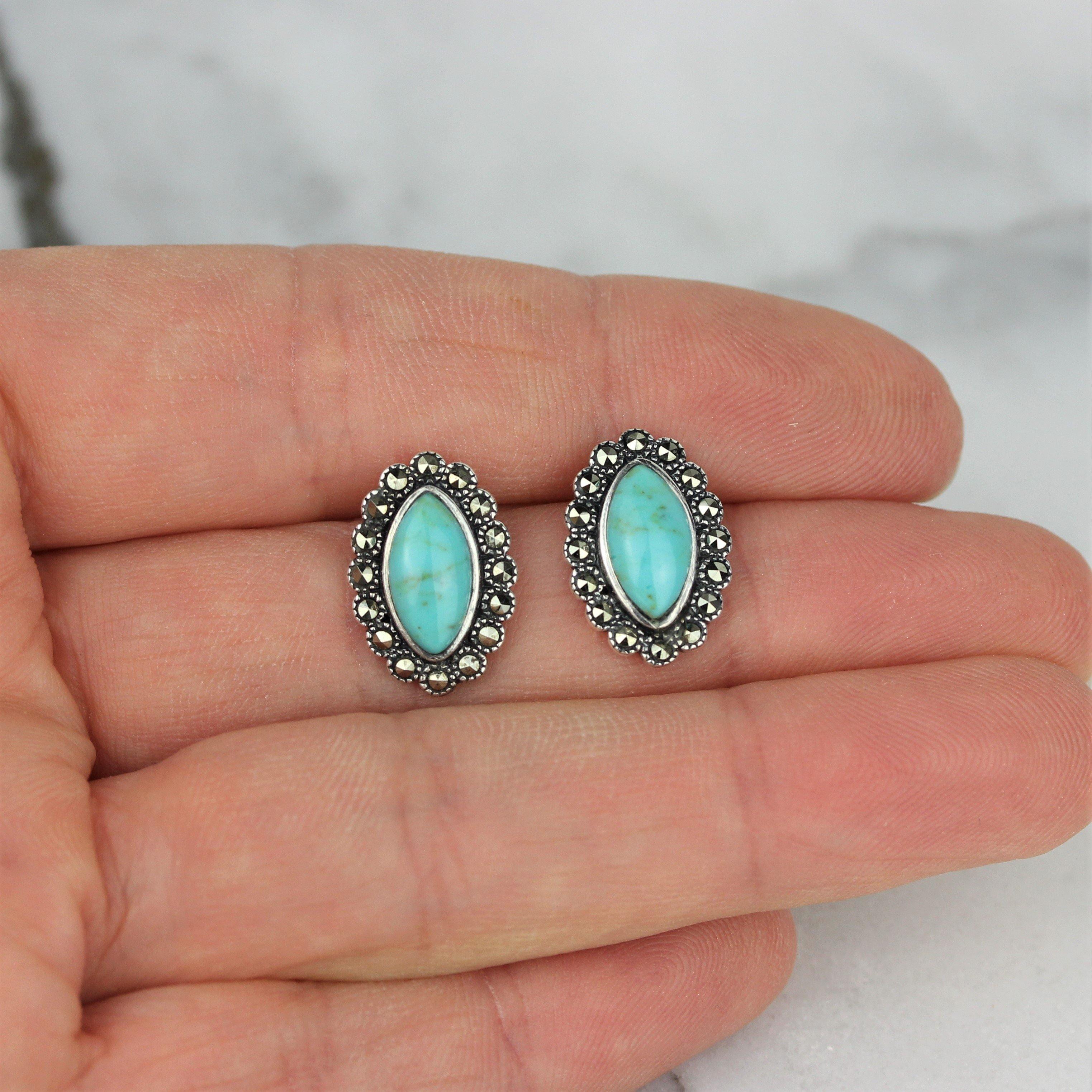 Sterling Silver Marcasite & Turquoise Marquise Shape Halo Stud Earrings - STERLING SILVER DESIGNS