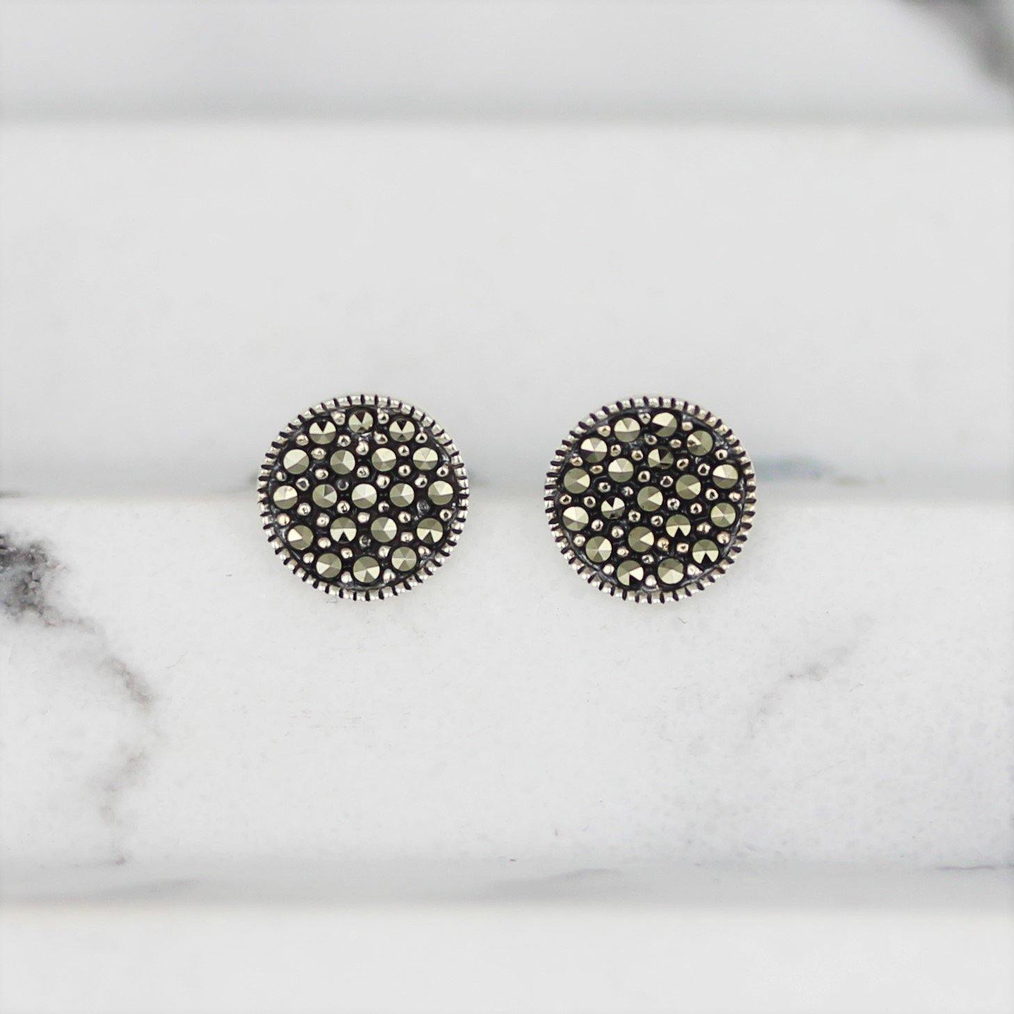 Sterling Silver Marcasite 8.5mm Concave Round Disc Stud Earrings - STERLING SILVER DESIGNS