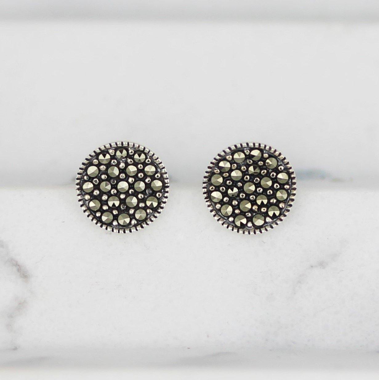 Sterling Silver Marcasite 8.5mm Concave Round Disc Stud Earrings - STERLING SILVER DESIGNS