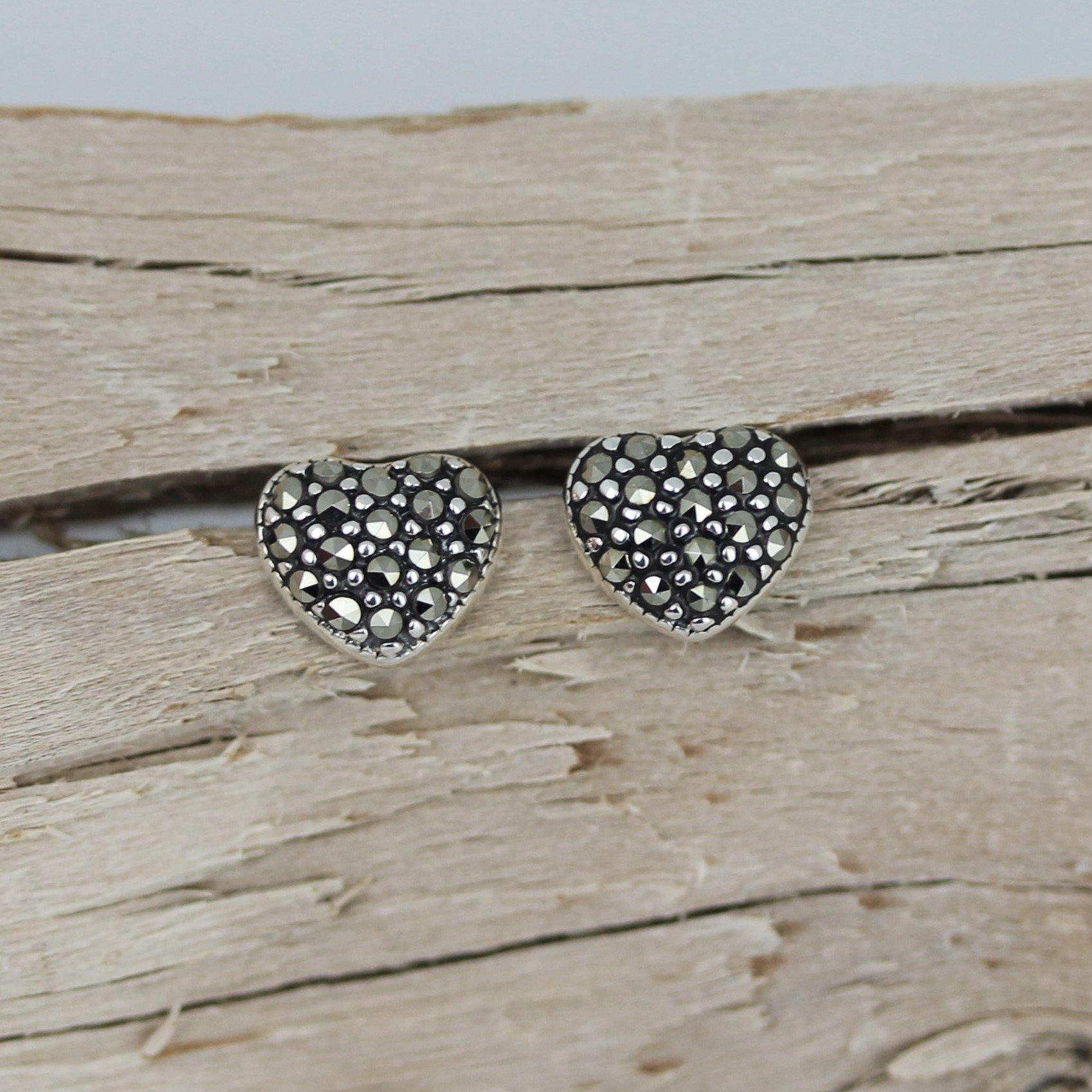 Sterling Silver Marcasite Vintage Style Small Heart Stud Earrings - STERLING SILVER DESIGNS