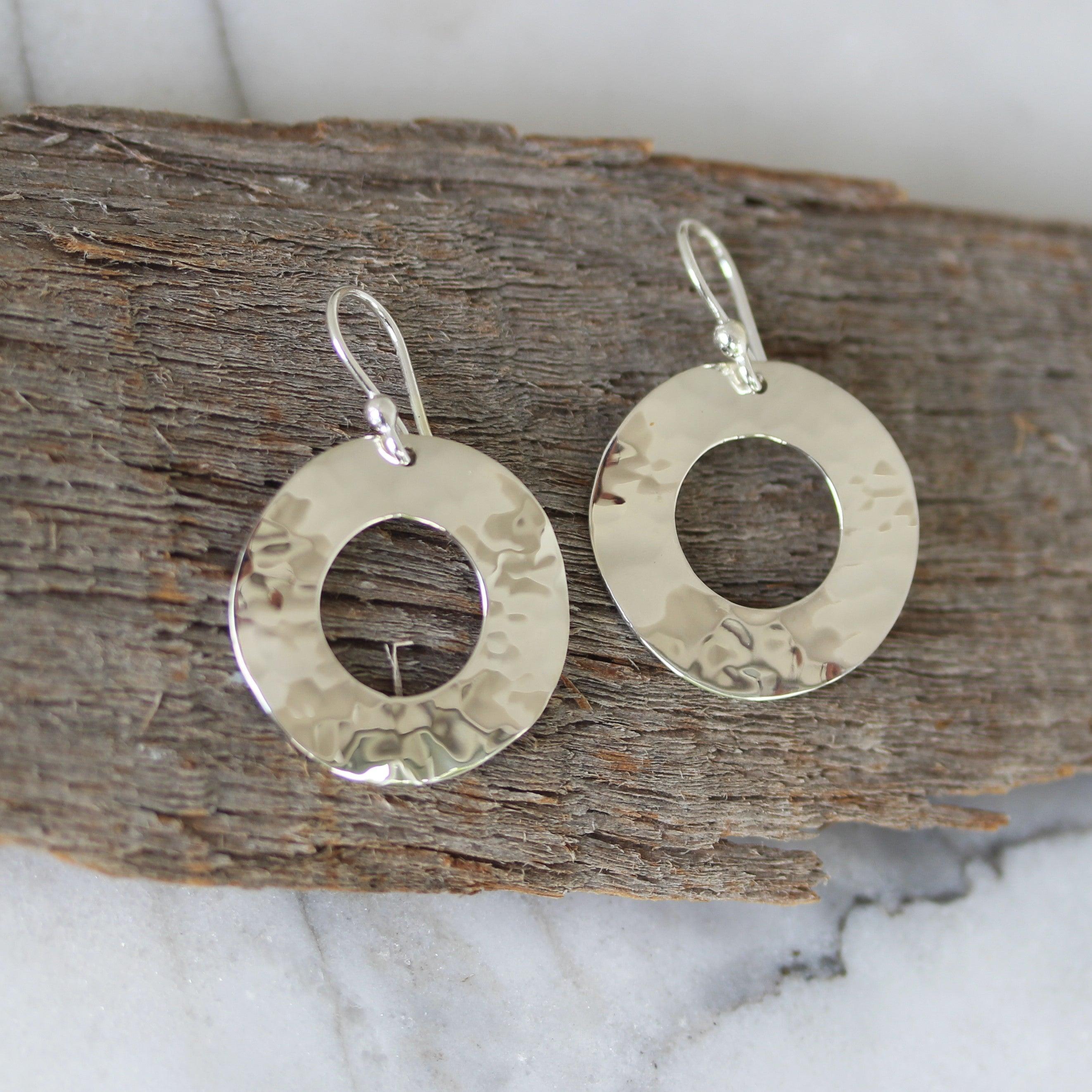 Sterling Silver Hammered Concave 26mm Round Drop Earrings - STERLING SILVER DESIGNS