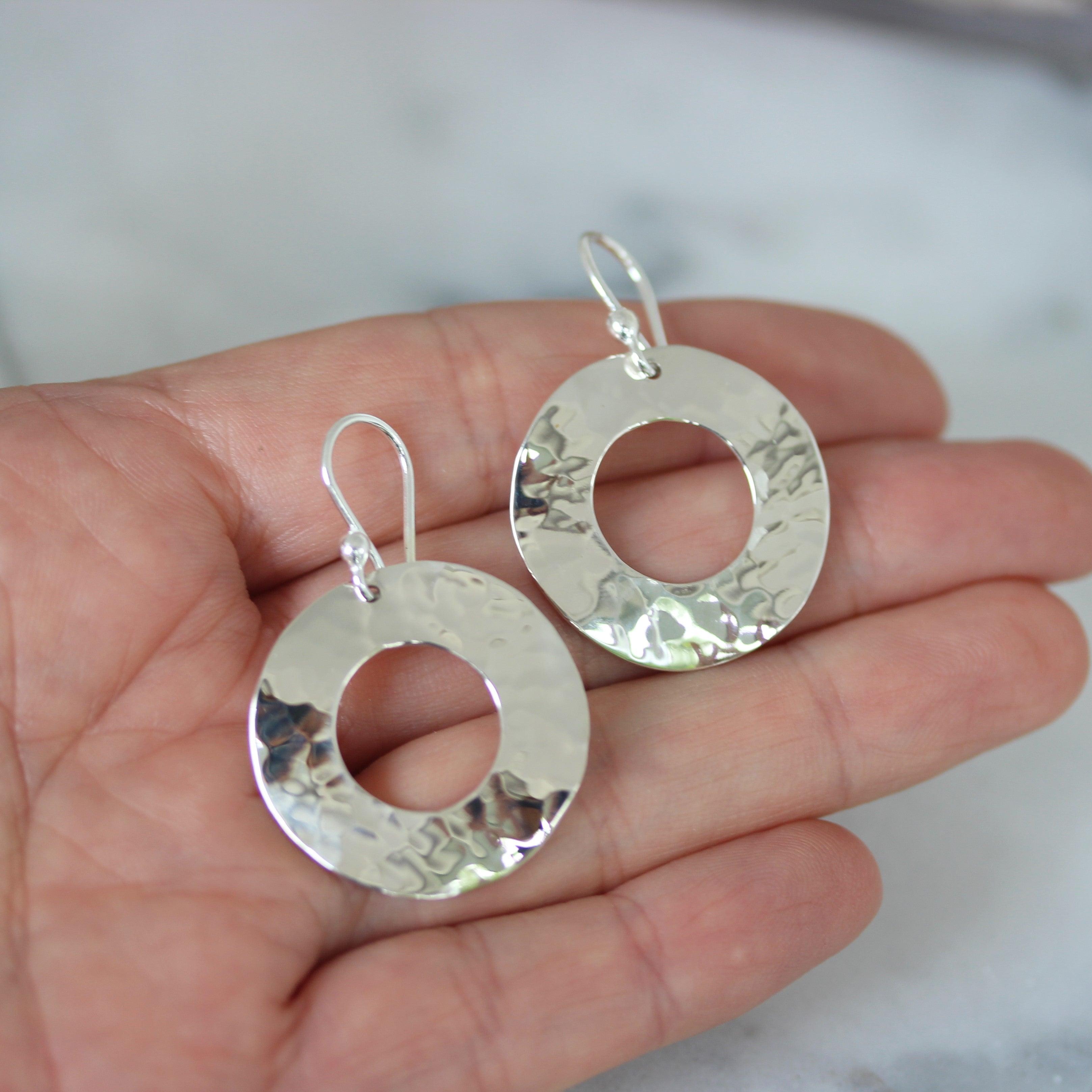 Sterling Silver Hammered Concave 26mm Round Drop Earrings - STERLING SILVER DESIGNS