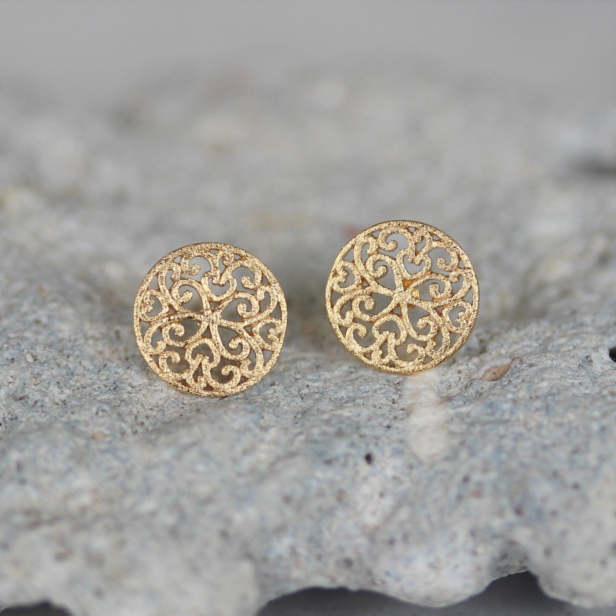 Sterling Silver Yellow Gold Plated 10mm Round Filigree Matte Finish Stud Earrings - STERLING SILVER DESIGNS